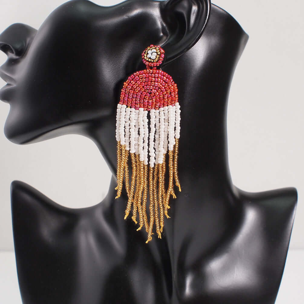 Bohemian Color Seed Beads Tassel Fringe Earrings for Women | Handmade Dangle Earrings with Natural Stones | Perfect for Festivals, Parties and Boho Fashion (Style E68671)