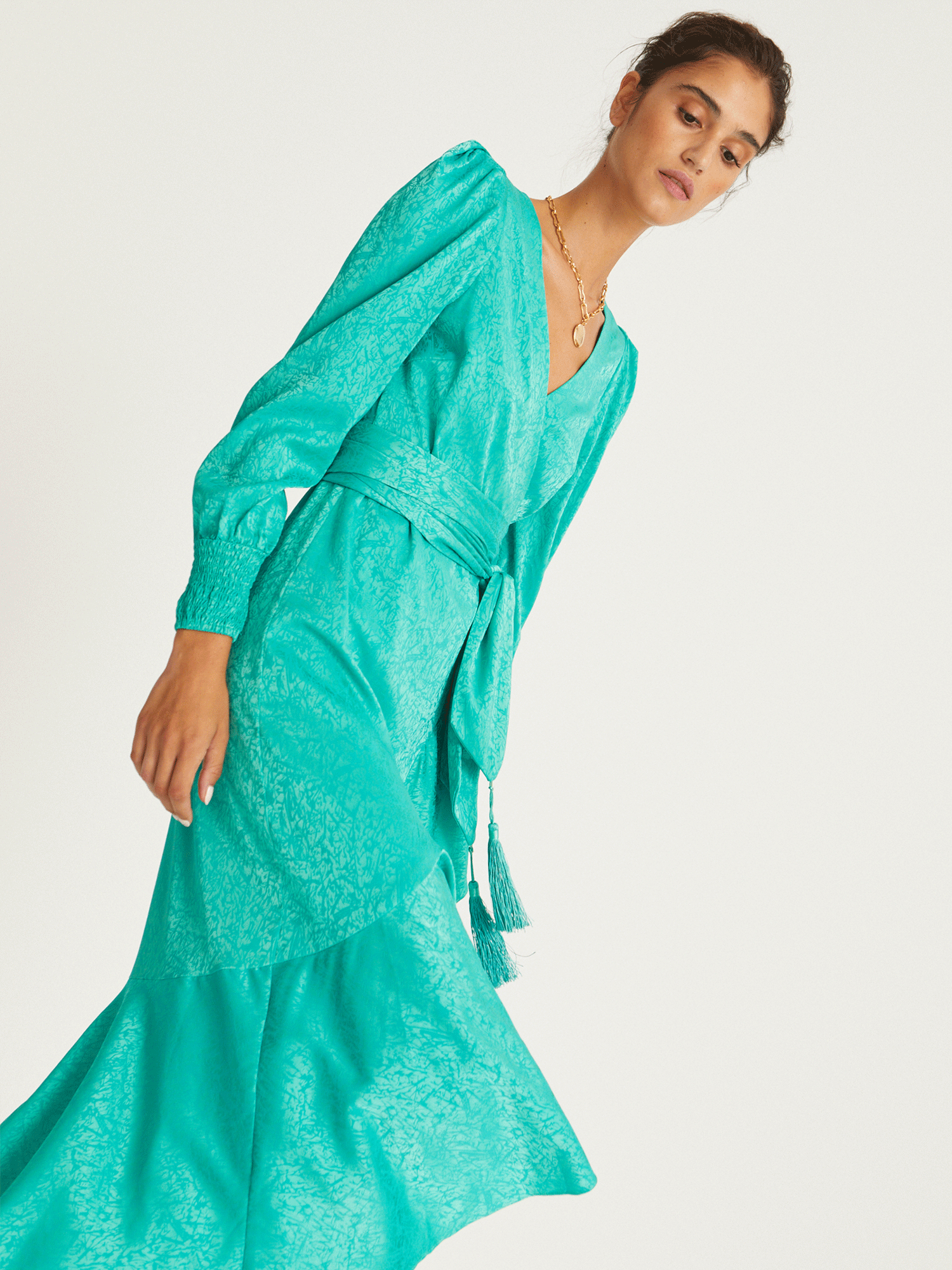Grace Women's Green Jacquard Long Sleeve Wrap Dress - Elegant Formal & Office Wear for Business Occasions