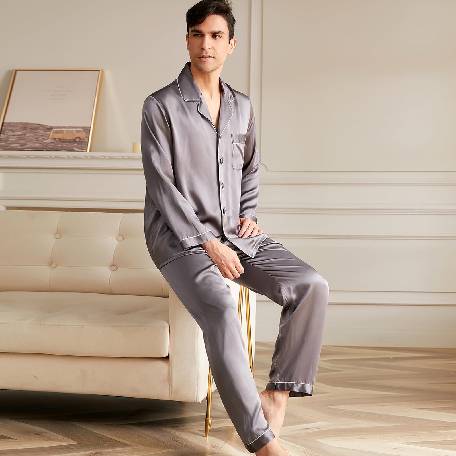 THXSILK 19 Momme Mulberry Silk Pajama Set for Men - 2 Piece Long Sleeve Luxury Sleepwear | Soft & Lightweight Silk Pajamas | Perfect for Lounging, Travel & Gift Giving