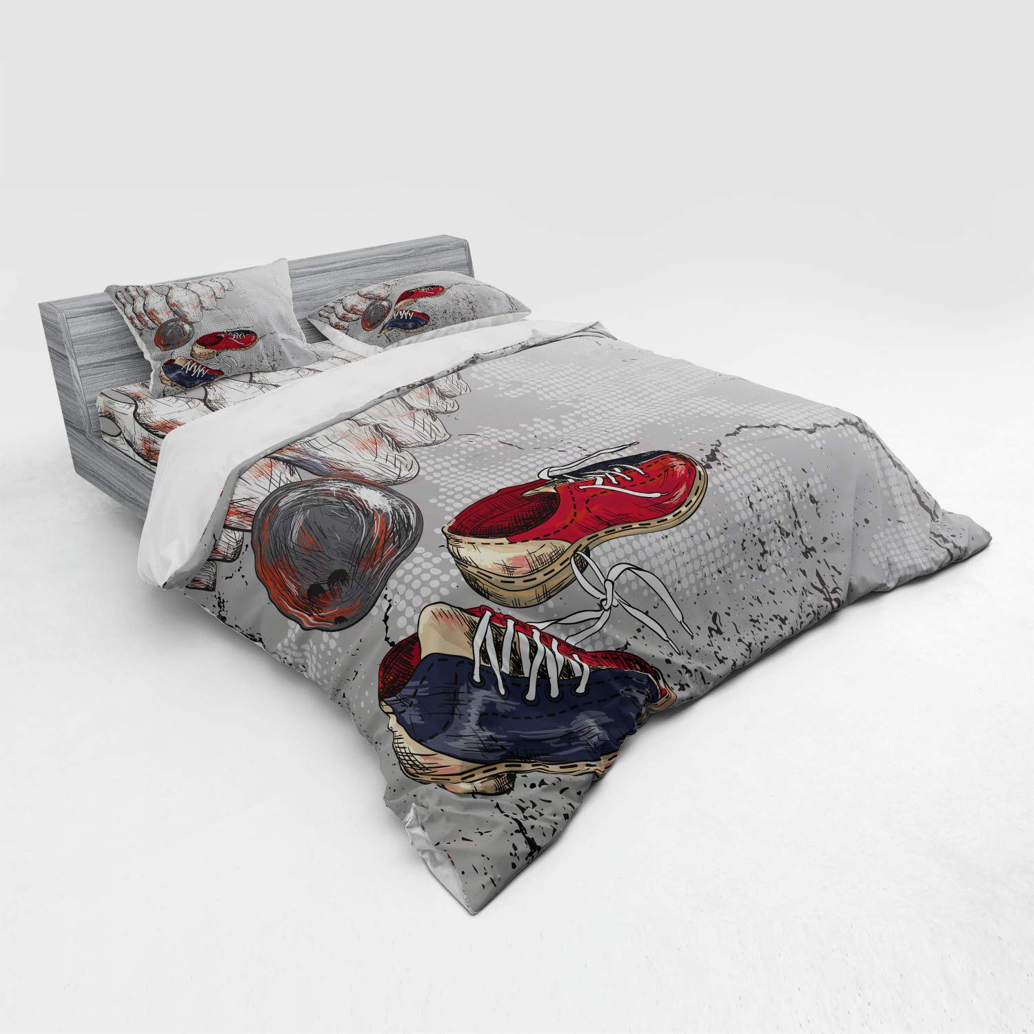 Ambesonne Bowling Party 4-Piece Duvet Cover Set - King Size Grunge Style Bowling Shoes, Pins & Ball Print in Pale Grey & Dark Blue - Perfect for Bowling Themed Bedroom Decor & Sports Enthusiast Gifts