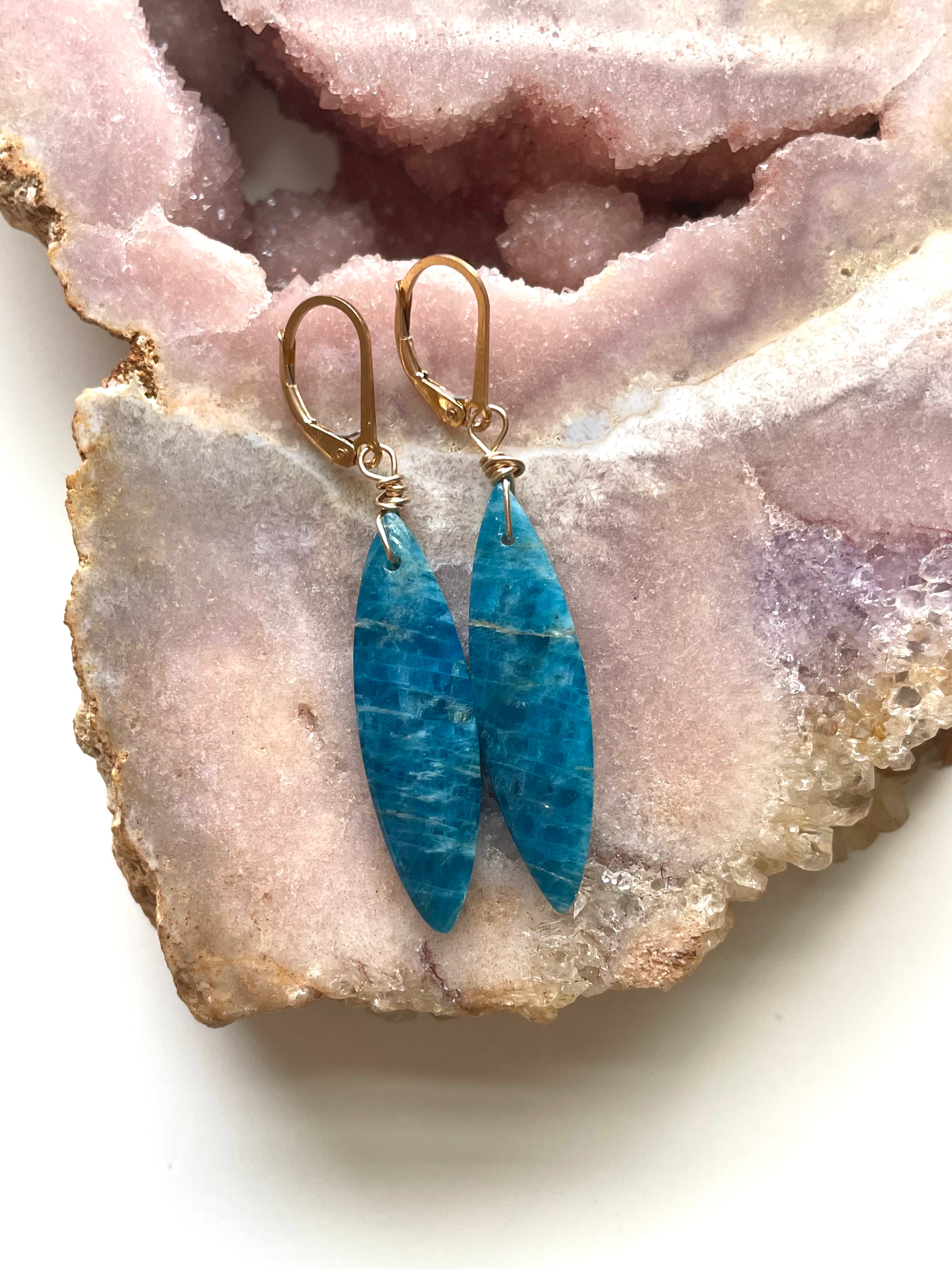 Gold Blue Apatite Dangle Crystal Earrings for Women - Elegant Handmade Bohemian Jewelry for Party, Wedding & Special Occasions