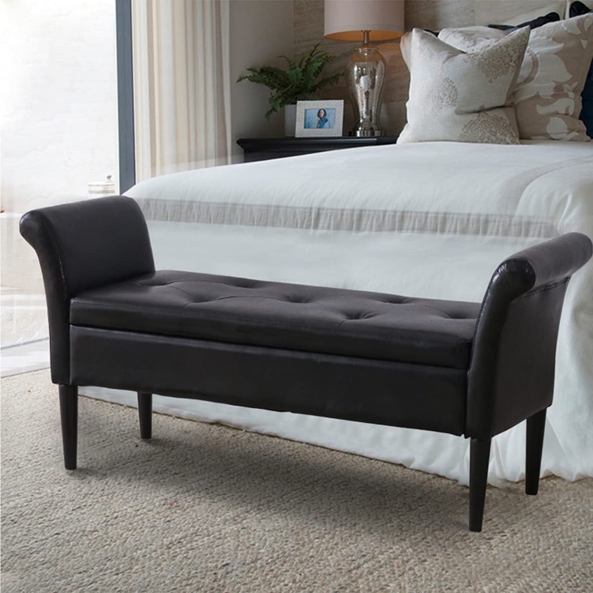Awonde Black Faux Leather Storage Ottoman Bench with Arms - PU Upholstered Tufted Seat for Bedroom, Entryway & Living Room - Perfect for Extra Seating & Hidden Storage