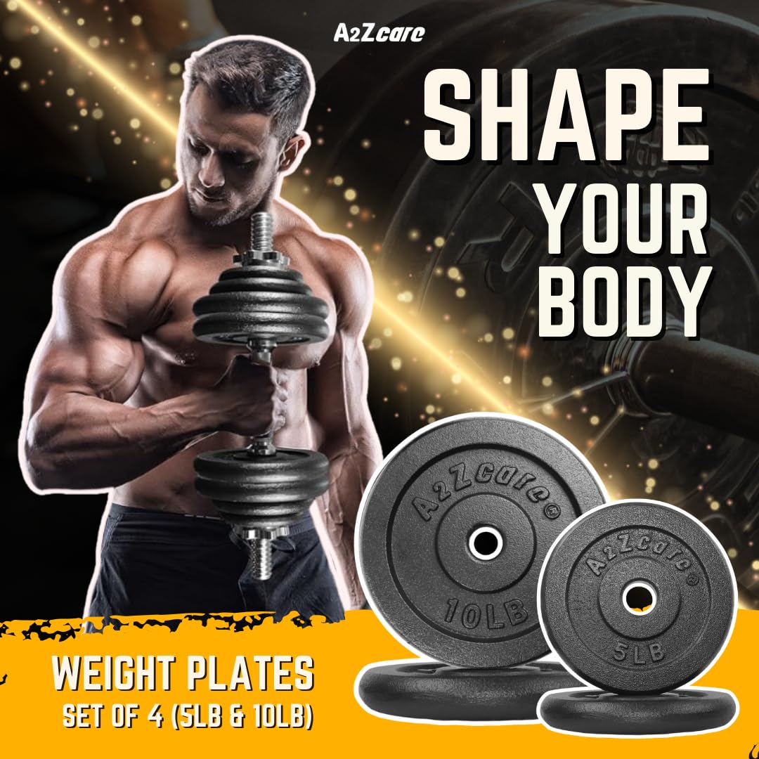 A2ZCARE 1 Inch Standard Weight Plates Set (1.25-15 lbs) - Cast Iron Dumbbell & Barbell Plates for Home Gym, Strength Training, and Fitness Workouts