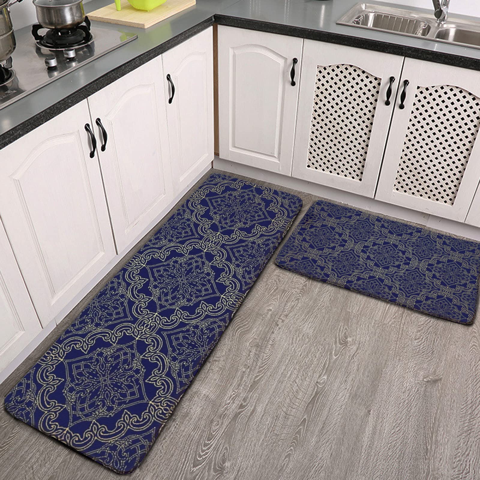 2 Pcs Kitchen Rug Set - Non-Slip Washable Super Absorbent Floor Mats with Navy Blue & Gold Ornate Filigree Pattern for Kitchen, Bathroom, Laundry - Perfect for High Traffic Areas & Spill Protection