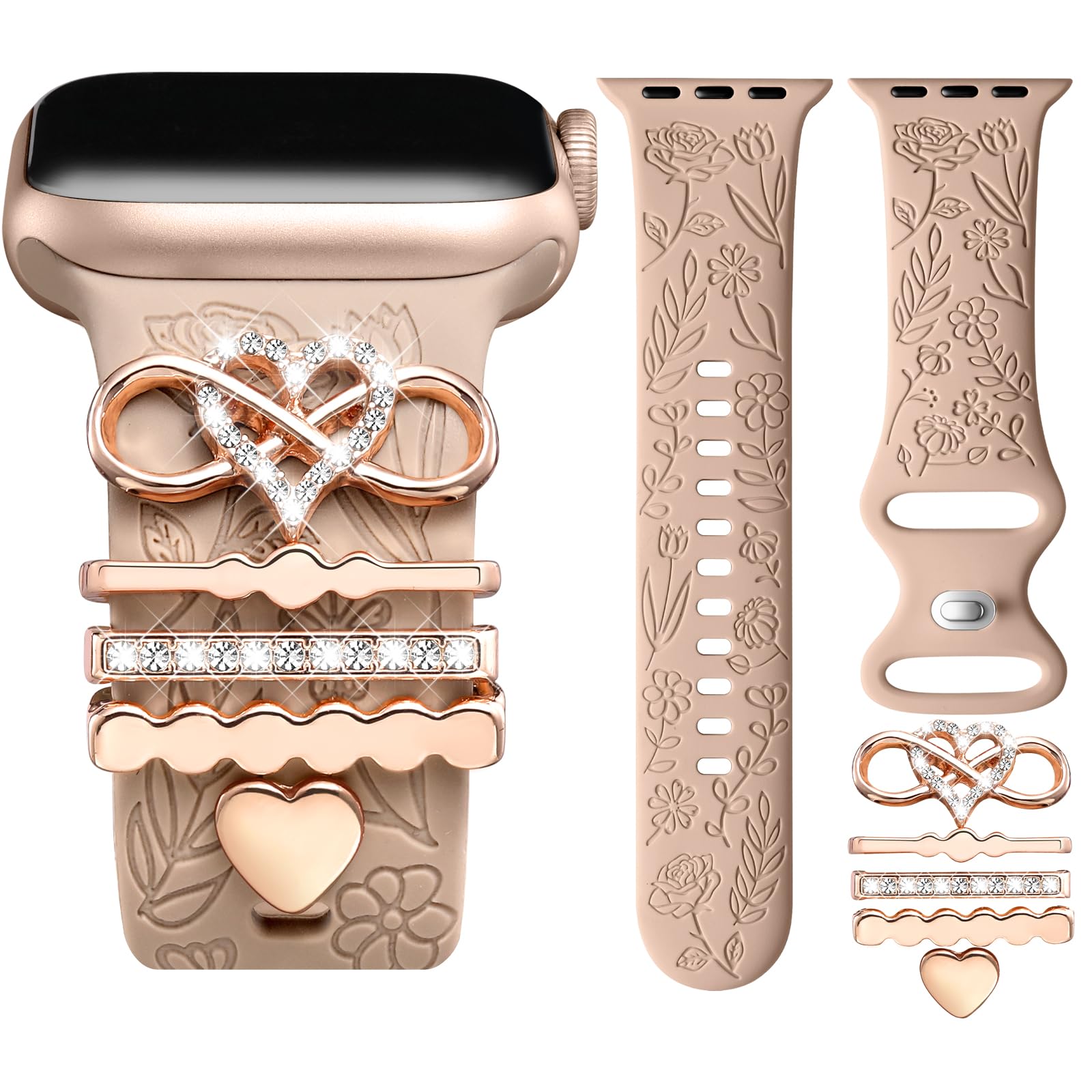 DaQin Floral Engraved Silicone Band Compatible with Apple Watch 38mm 40mm 41mm 42mm 44mm 45mm - Women's Decorative Strap for Series SE/1/2/3/4/5/6/7/8/9 - Perfect for Workouts, Office Wear & Everyday Fashion Accessory