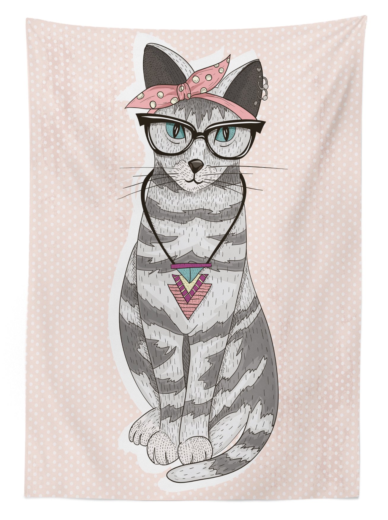 Ambesonne Cat Outdoor Tablecloth - Pop Art Kitty with Glasses on Polka Dot Background, Washable Picnic Table Cover 58x120 Inches, Pale Pink & Grey - Perfect for Garden Parties, BBQs, and Outdoor Dining Decor