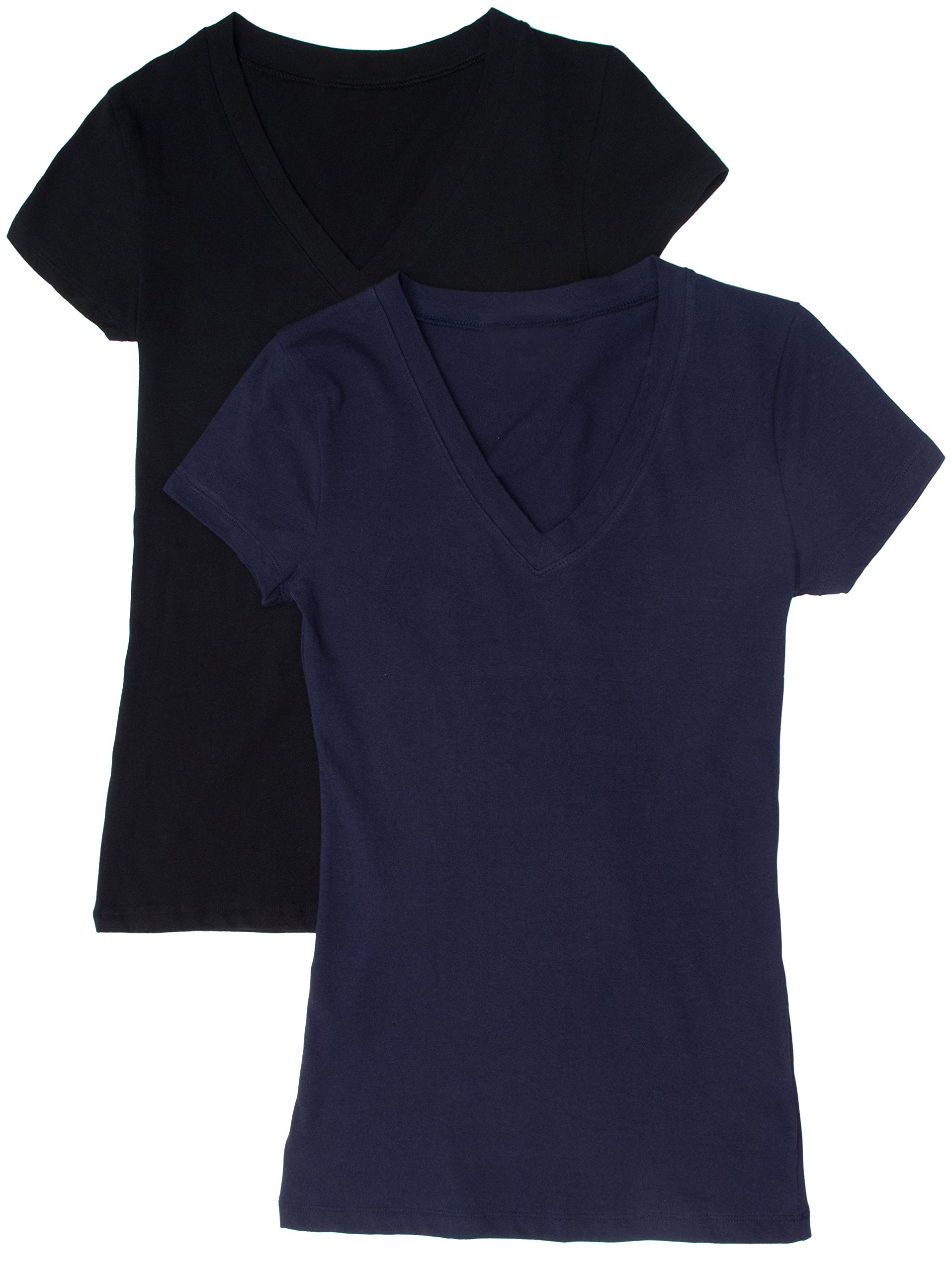 2 Pack Zenana Women's Basic V-Neck T-Shirts - Soft Cotton Casual Tees for Everyday Wear | Perfect for Layering, Work & Weekend Outfits