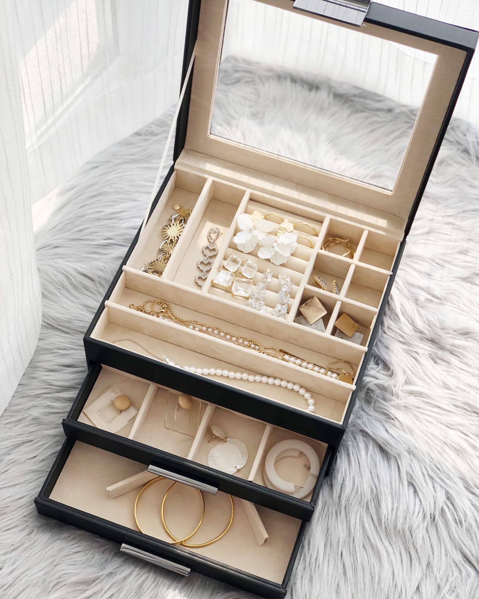 3-Layer Large Jewelry Organizer Box with Clear Top - Earrings, Rings & Necklace Storage for Women | Modern Gift for Women, Girls & Mom | Perfect for Birthday, Wedding & Travel Accessories Organization (Black)