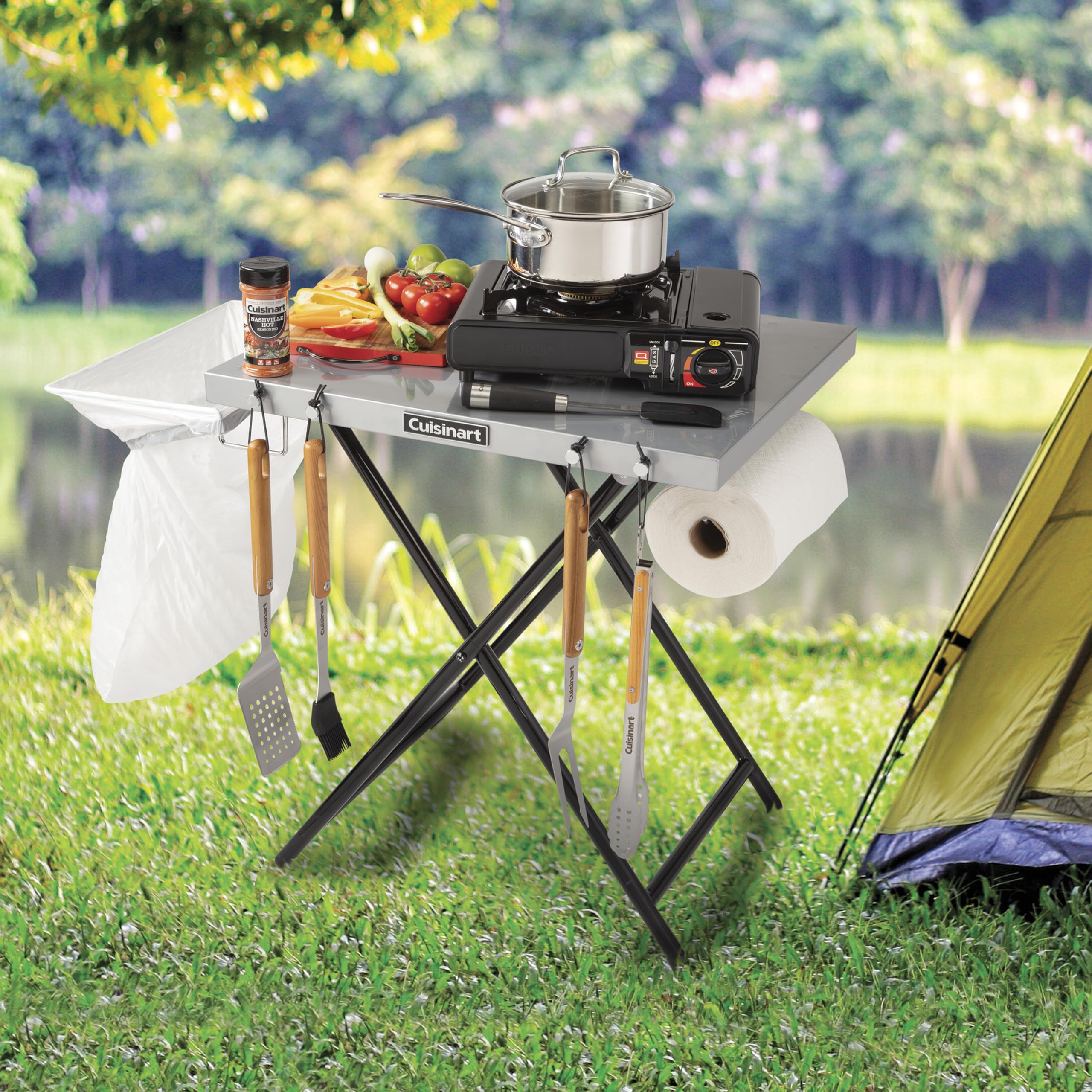 Cuisinart Fold 'n Go Prep Table - Portable Folding Table & Grill Stand with Tool Hooks, Trash Bag Holder & Paper Towel Rack | 24