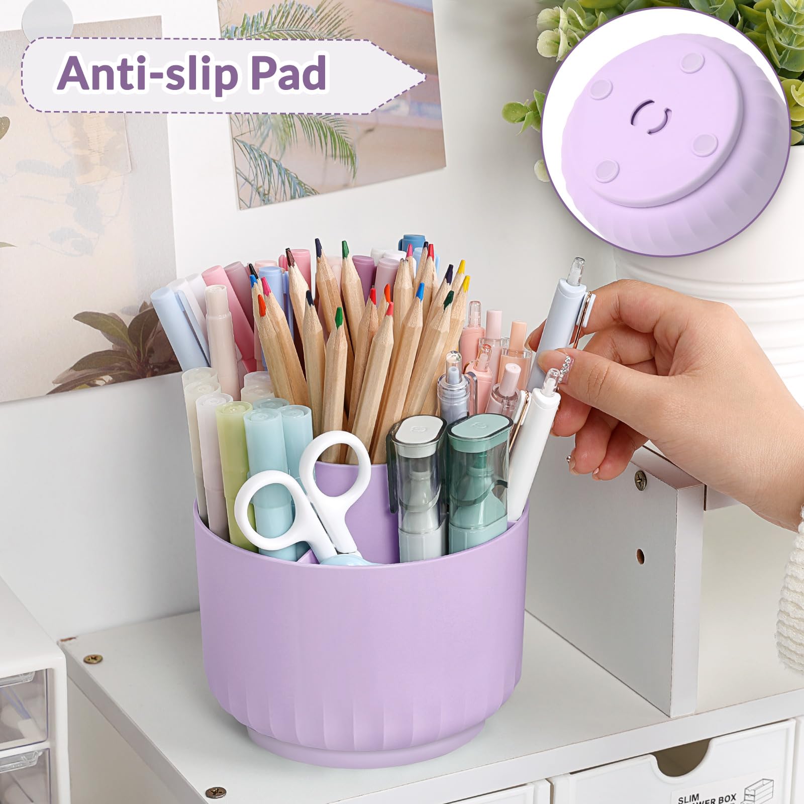 SKYDUE 360 Degree Rotating Desk Organizer - 5-Slot Dual-Purpose Pencil & Pen Holder for Office, School, or Home Use - Perfect for Organizing Stationery, Makeup Brushes, and Utensils (Purple)