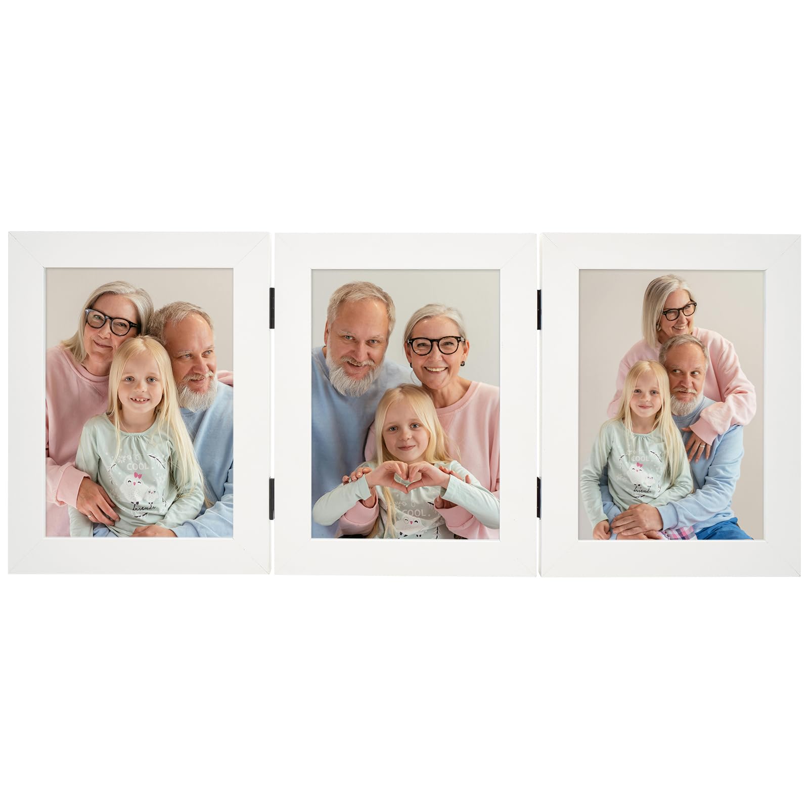 Frametory 5x7 Triple Picture Frame - Trifold Collage Photo Frame with Glass Front, Hinged Tabletop Display for Home & Office Decor (White, 1 Pack) - Perfect for Family Photos, Wedding Memories & Graduation Pictures