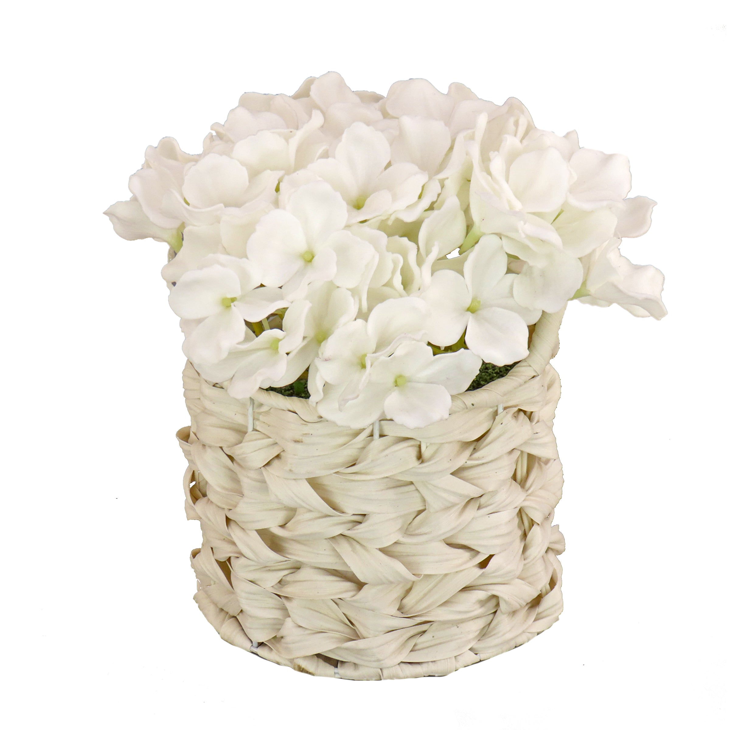 10 Inch Spring White Hydrangea Bouquet in White Basket - Perfect for Weddings, Home Decor & Gift Giving