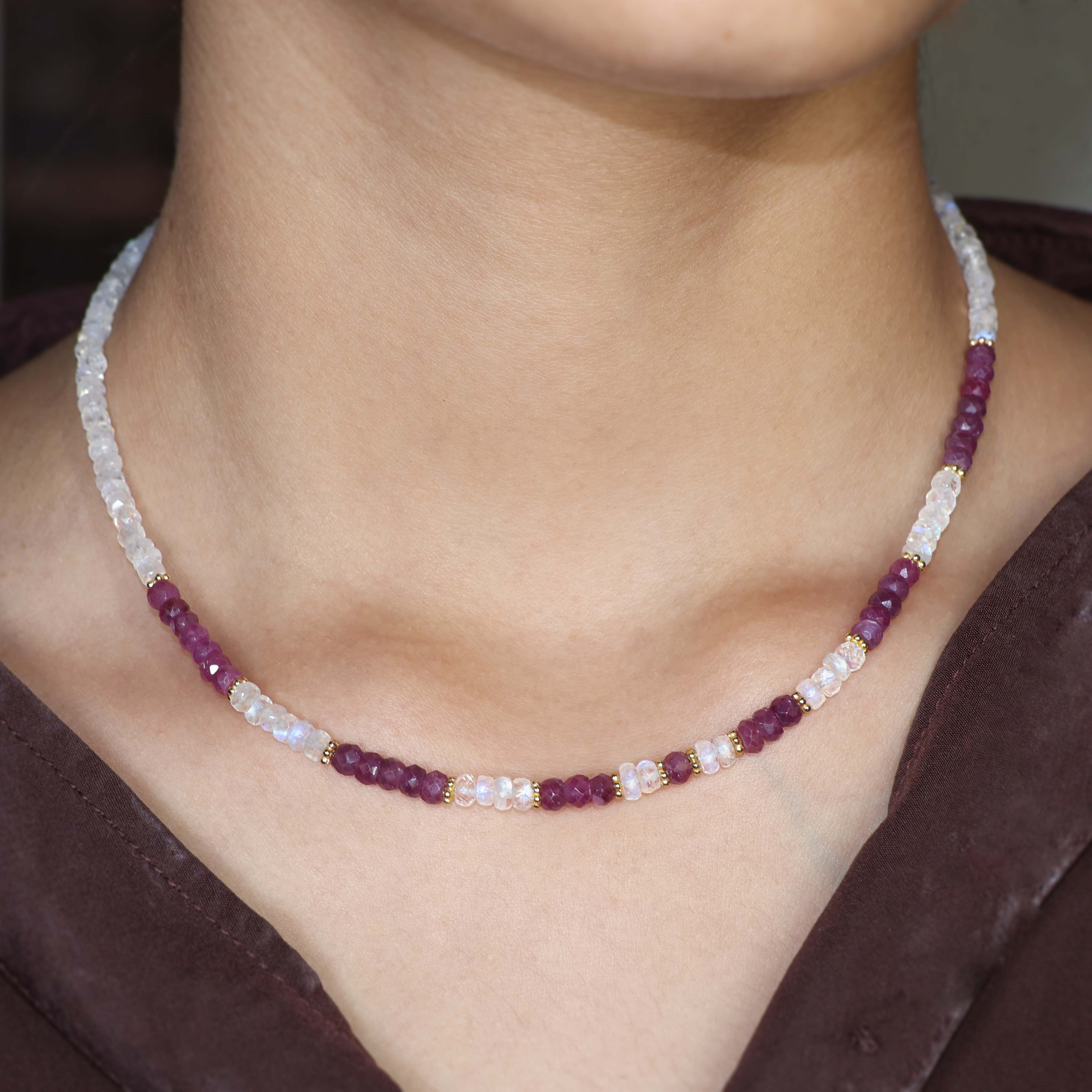 Natural Ruby and Moonstone Faceted Beaded Necklace - Handmade Gemstone Jewelry for Women, Boho Chic Accessory for Parties, Weddings & Everyday Wear