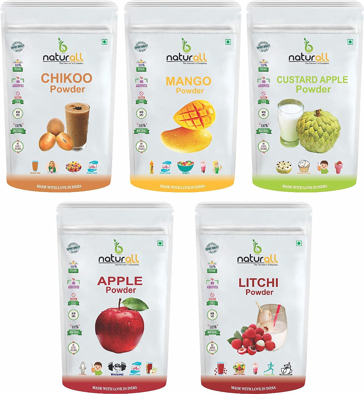 Organic Fruit Powder Combo Pack - 5 Flavors (Litchi, Apple, Mango, Chikoo, Custard Apple) 100g Each - 500g Total | Perfect for Smoothies, Baking & Healthy Snacks | by B Naturall
