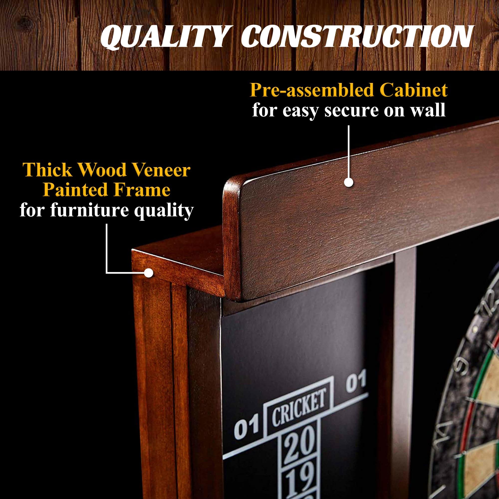 40 Inch Wooden Dartboard Cabinet Set with LED Lights - Large Dart Board for Adults, Includes 6 Steel Tip Darts (Brown/Black) - Perfect for Home Bar, Game Room, Playroom, and Man Cave Entertainment