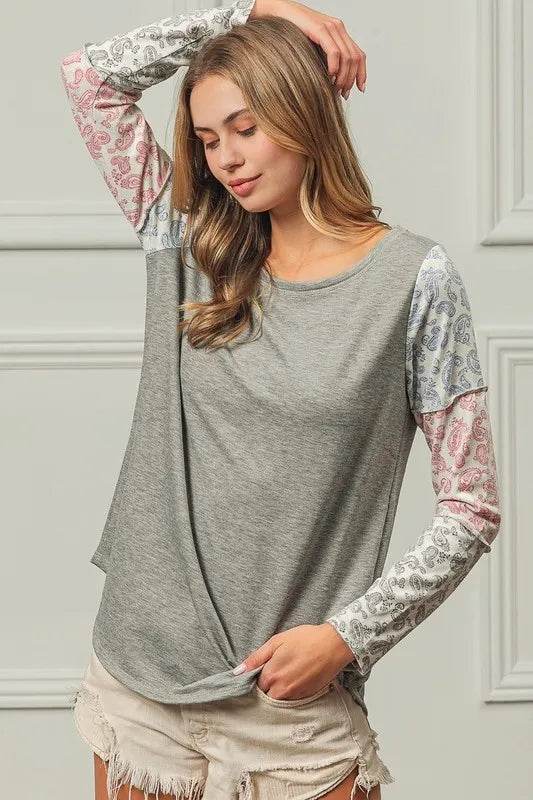 BiBi French Terry Paisley Triblend Color Block T-Shirt - Soft & Stylish Casual Wear for Women | Perfect for Everyday Outfits, Lounge Wear & Street Fashion