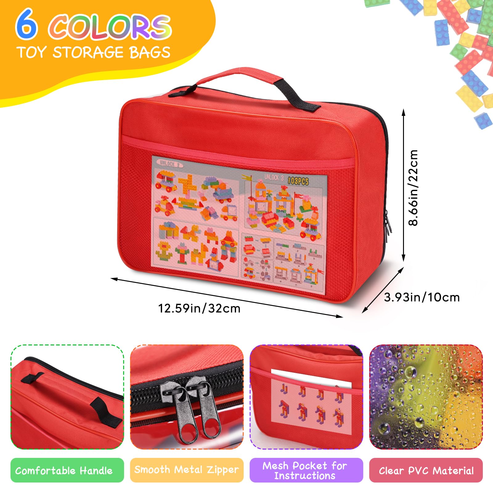 6 Pack Reusable Toy Storage Bags with Zipper & Portable Handle - Organizer for Building Blocks, LEGO Bricks, Puzzles, Books & Board Games - Perfect for Kids Room, Travel & Playroom Organization