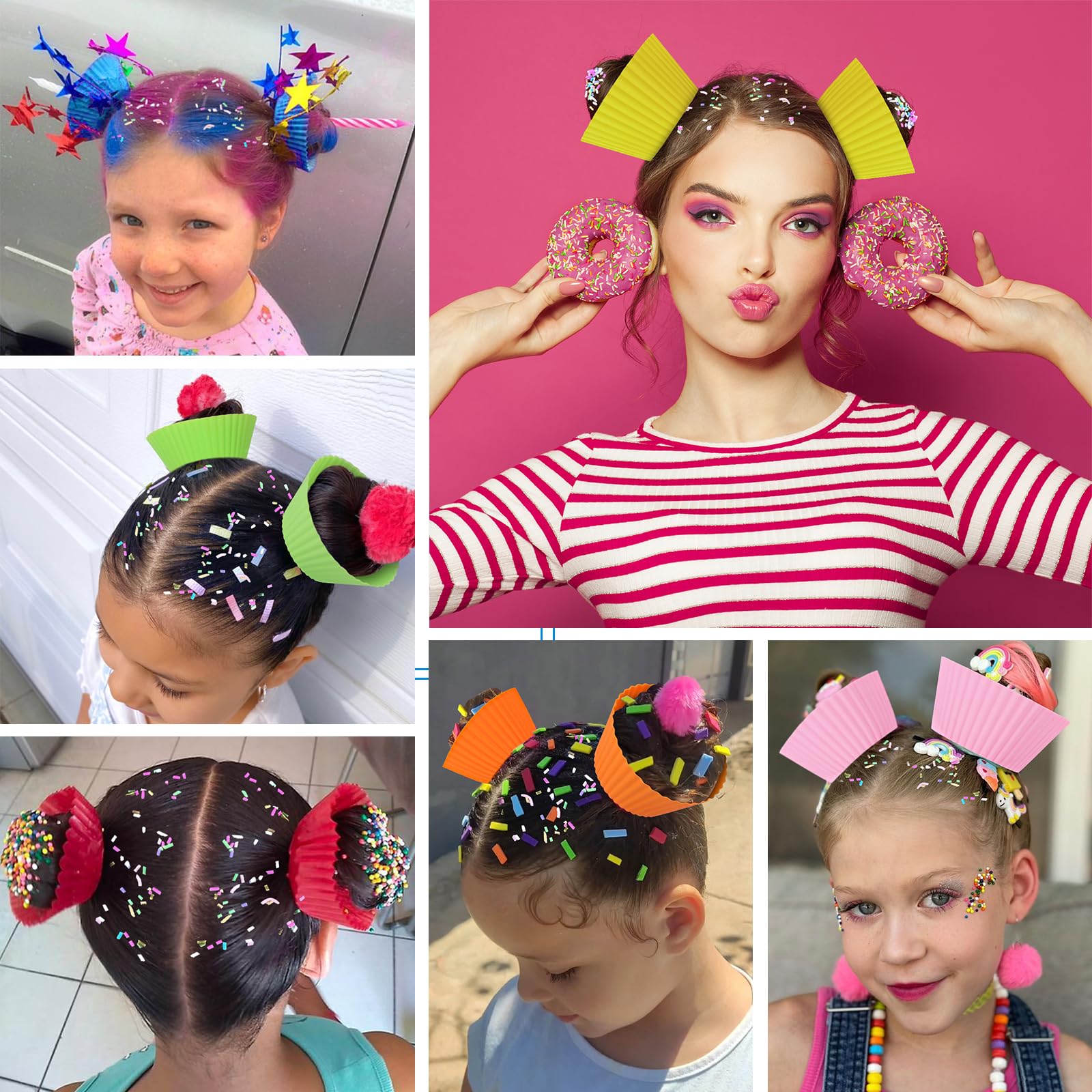 XANGNIER 12-Piece Hair Accessories Kit for Girls, Women & Kids - Cupcake Liners Hair Clips with Silicone Decorative Granules - Perfect for Crazy Hair Day, Birthday Parties & Costume Events