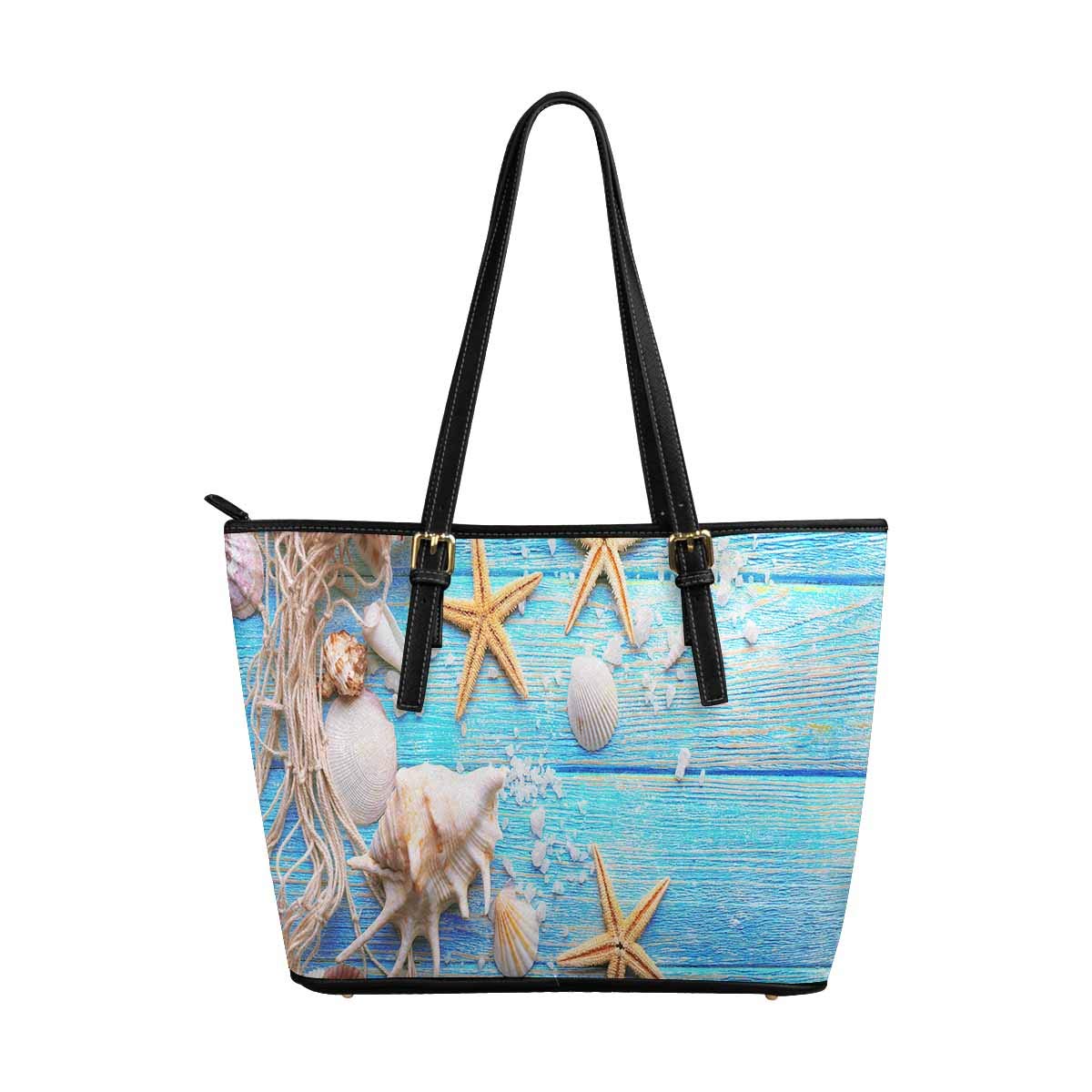 INTERESTPRINT Starfish Seashell Print Wooden Handle Zippered Tote Bag for Women - Stylish Overnight & Beach Handbag for Travel, Shopping & Daily Use