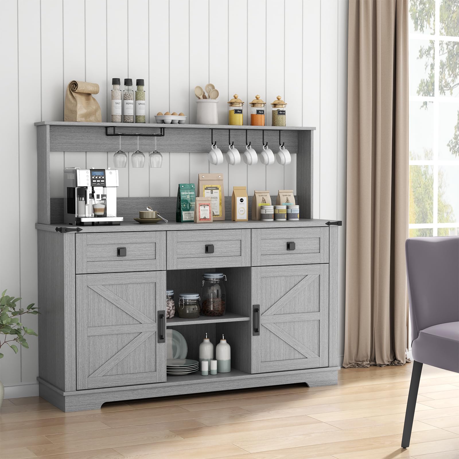 Farmhouse Bar Cabinet with Hutch - Kitchen Buffet Storage Cabinet with 3 Sliding Drawers, Adjustable Shelves & Goblet Holder - Grey - Perfect for Living Room, Dining Room, Home Bar & Entertaining