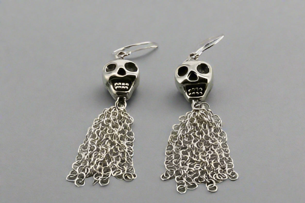 Sterling Silver Double Sided Skull & Tassel Earrings - Gothic Punk Jewelry for Women, Perfect for Parties, Concerts and Halloween Costumes