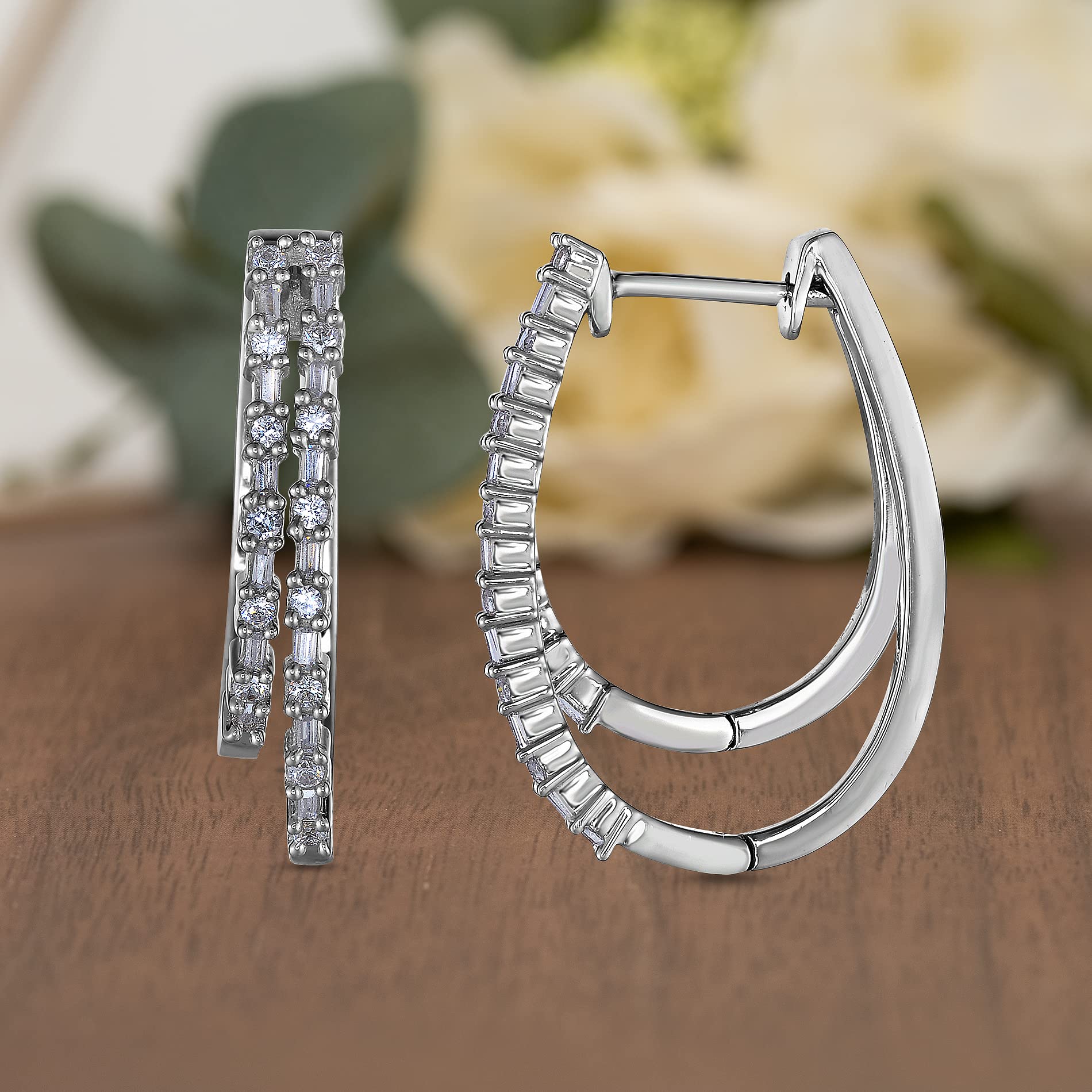 Natalia Drake Round Baguette Double Row 1/2 Cttw Diamond Hoop Earrings for Women - 925 Sterling Silver Rhodium Plated | Elegant Jewelry for Parties, Weddings & Everyday Wear