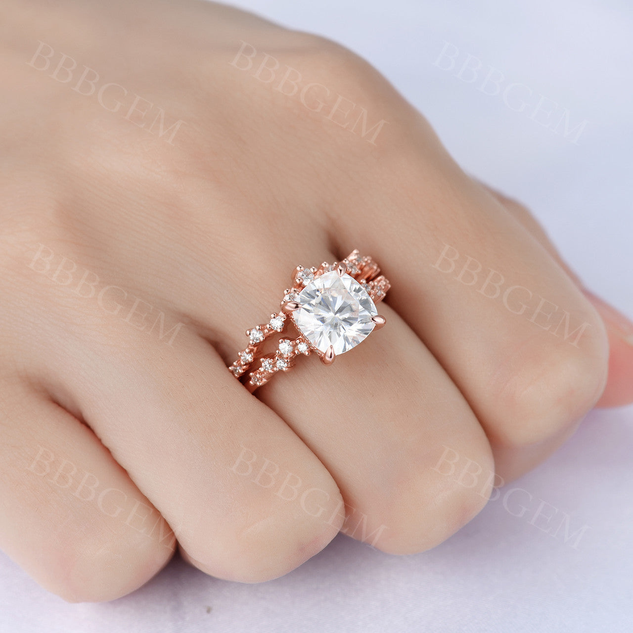 1.7 Carat Cushion Cut Moissanite Engagement Ring Set with Matching Wedding Band in Rose Gold - Vintage Inspired Bridal Jewelry for Proposals, Anniversaries & Special Occasions