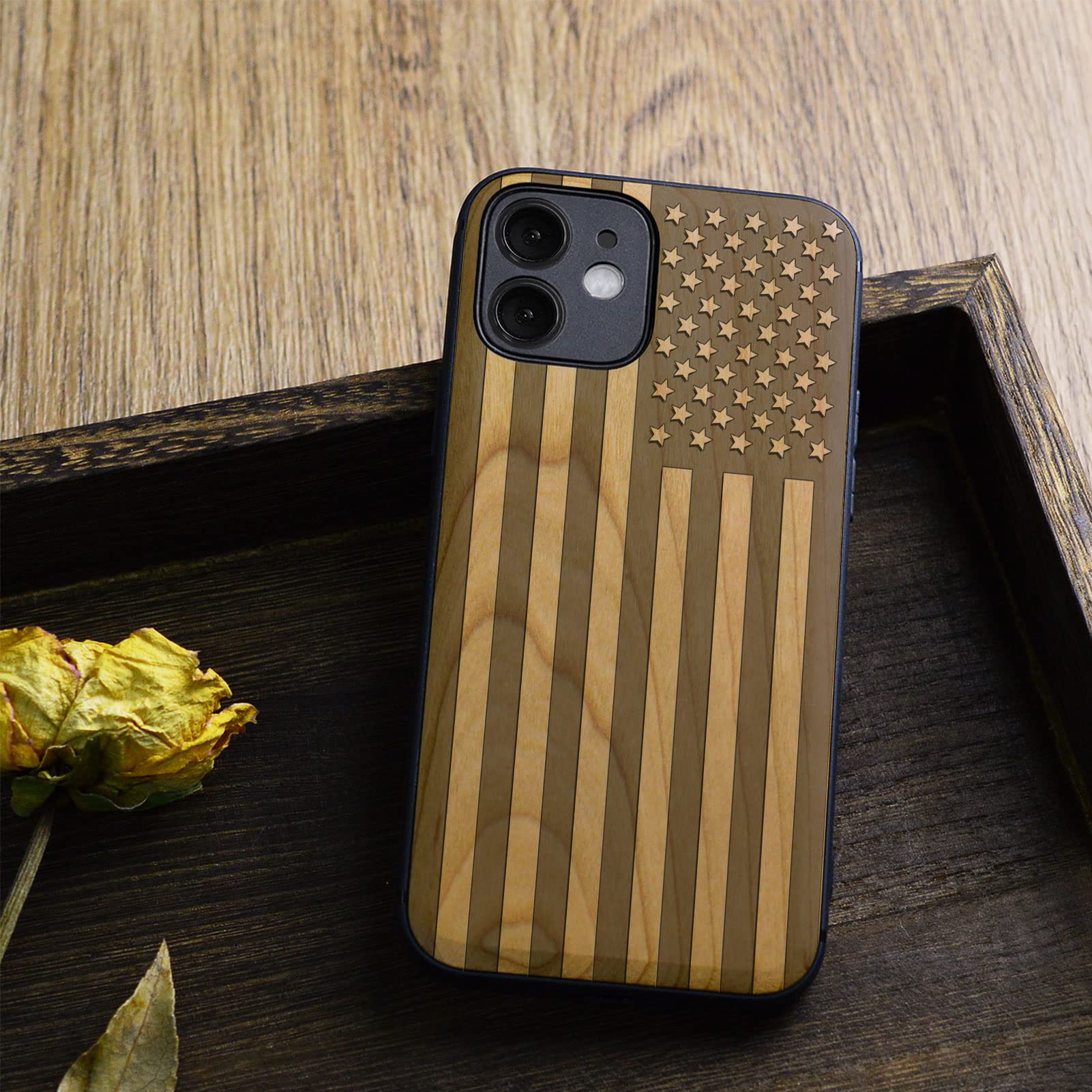 Carveit Magnetic Wood Case for iPhone 12 - Natural Wood & Black TPU Shockproof Protective Cover with Magsafe Compatibility (American Flag Cherry Design) - Durable Wooden Phone Case for Everyday Use, Office & Outdoor Protection
