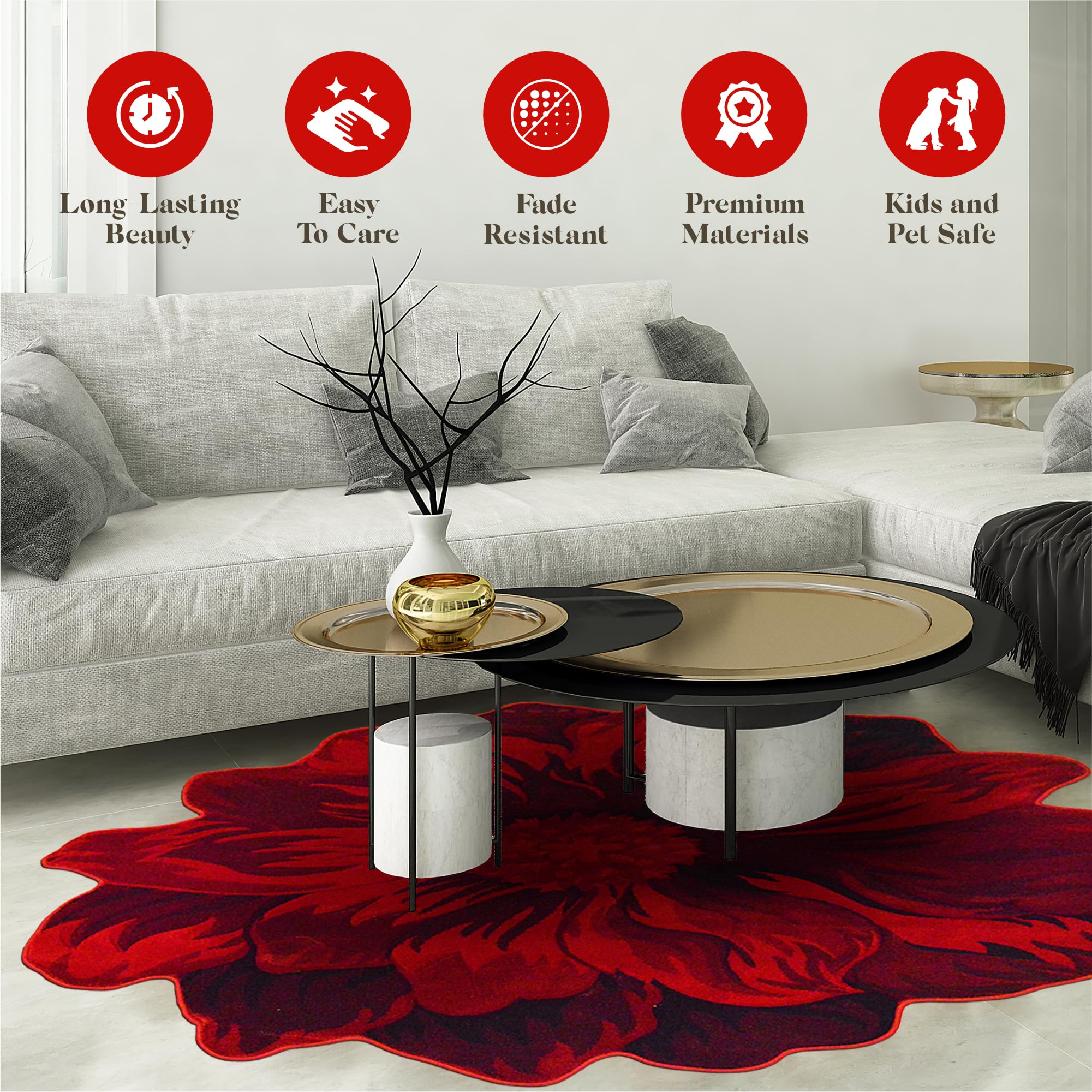 5ft Round Fluffy Flower Rug - Soft Plush Circle Area Carpet for Bedroom, Living Room, Nursery - Girly Home Decor in Vibrant Red (305) - Perfect for Boho Chic Decor & Cozy Floor Seating