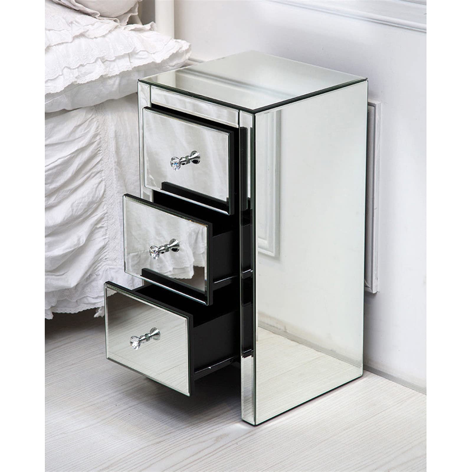 Modern 3-Drawer Mirrored Nightstand - Silver Henf Bedside Table with Mirror, End Table & Sofa Side Table for Bedroom & Living Room - Perfect for Small Spaces & Contemporary Home Decor