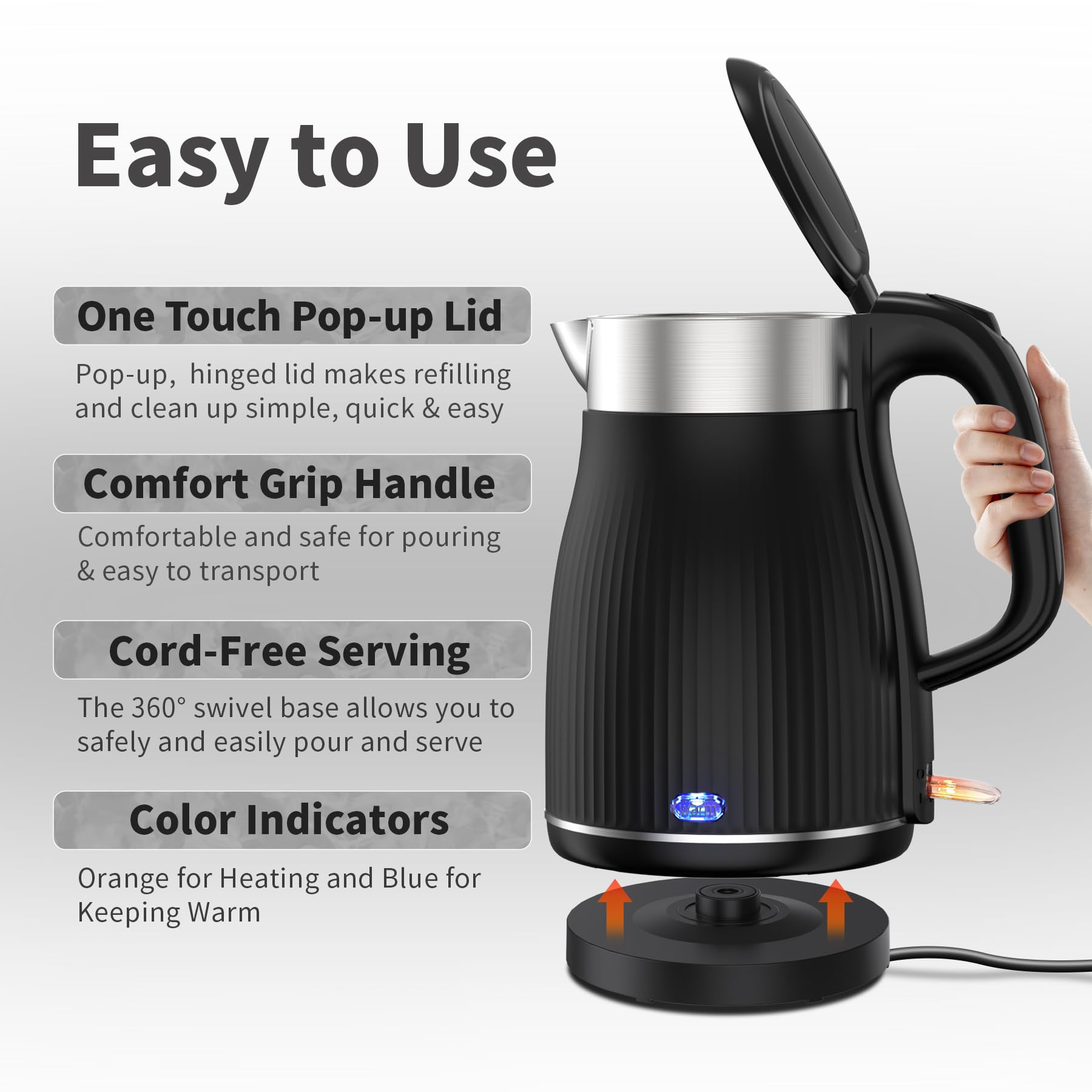 OMISOON 1.8L Electric Kettle Stainless Steel - 1500W Fast Boiling, Auto Shut Off & Boil Dry Protection, Keep Warm Function - Perfect for Home, Office, Dorm & Travel Use - Black