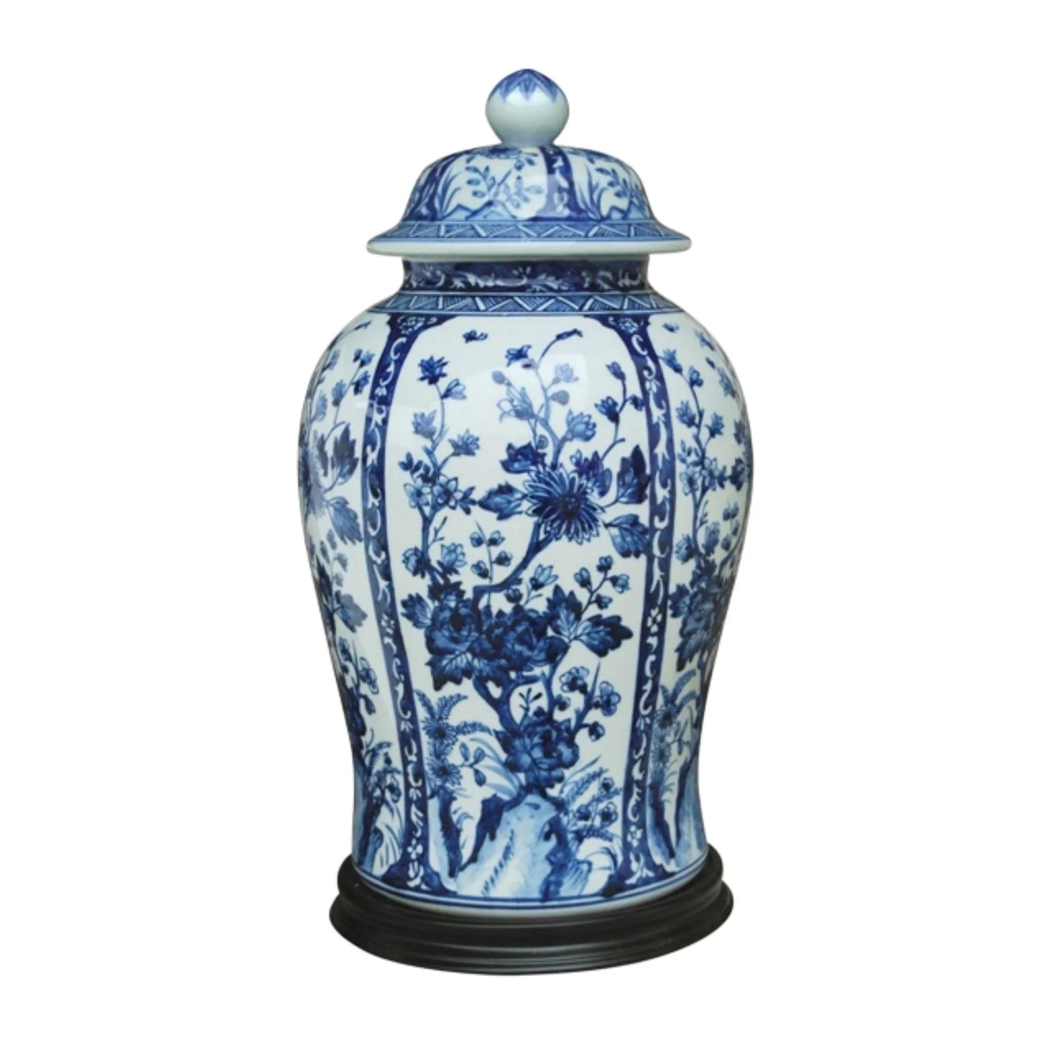 Blue and White Porcelain Chinoiserie Botanical Temple Jar with Black Base - Elegant Home Decor for Living Room, Office & Shelf Display