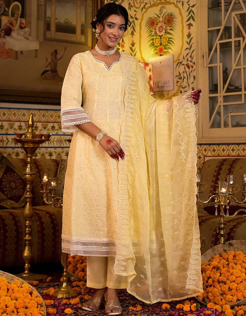 Anarkali Kurta Trouser With Dupatta Set - Yellow Pure Cotton Pant Suit for Women | Traditional Indian Ethnic Wear for Festivals, Weddings & Special Occasions
