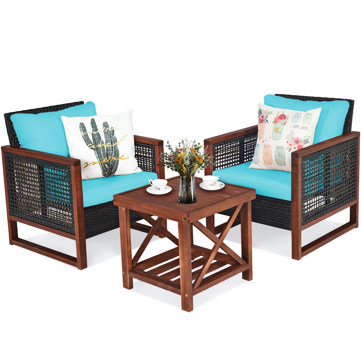 Tangkula 3-Piece Patio Furniture Set - All-Weather Wicker Sofa with Washable Cushions & Acacia Wood Coffee Table - Outdoor Conversation Set for Garden, Balcony, Backyard, Poolside (Turquoise) - Perfect for Relaxing, Entertaining & Enjoying Outdoor Living