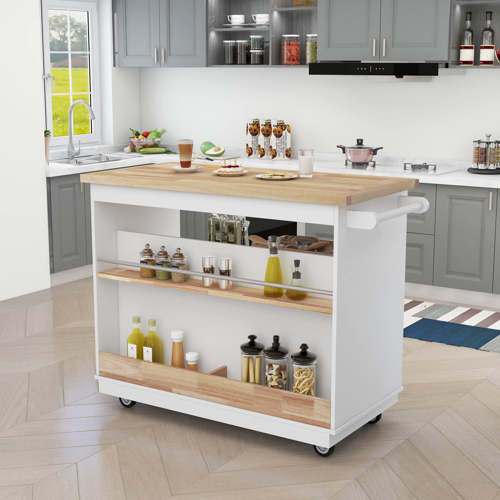 LZ LEISURE ZONE 46-Inch White Kitchen Island Cart with 2 Drawers & Shelves - Rolling Mobile Storage Cabinet for Dining Room, Small Kitchen & Apartment - Perfect for Organizing Utensils, Cookware & Tableware