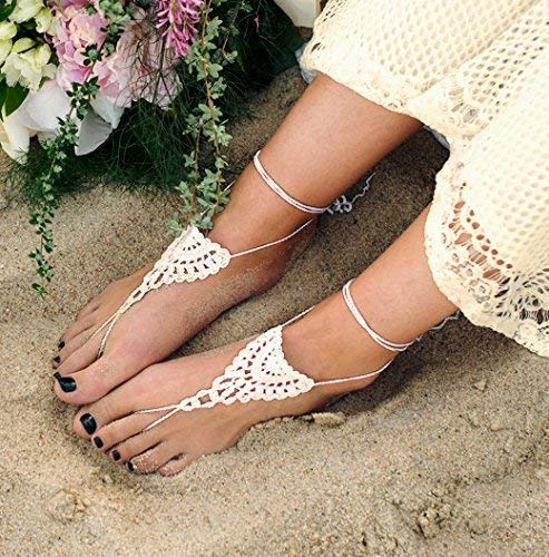 Handmade Crochet Barefoot Sandals for Women - Adjustable Boho Beach Wedding Sandals, Lace Foot Jewelry, One Size Fits Most - Perfect for Beach Weddings, Summer Vacations & Boho Fashion (Ivory)