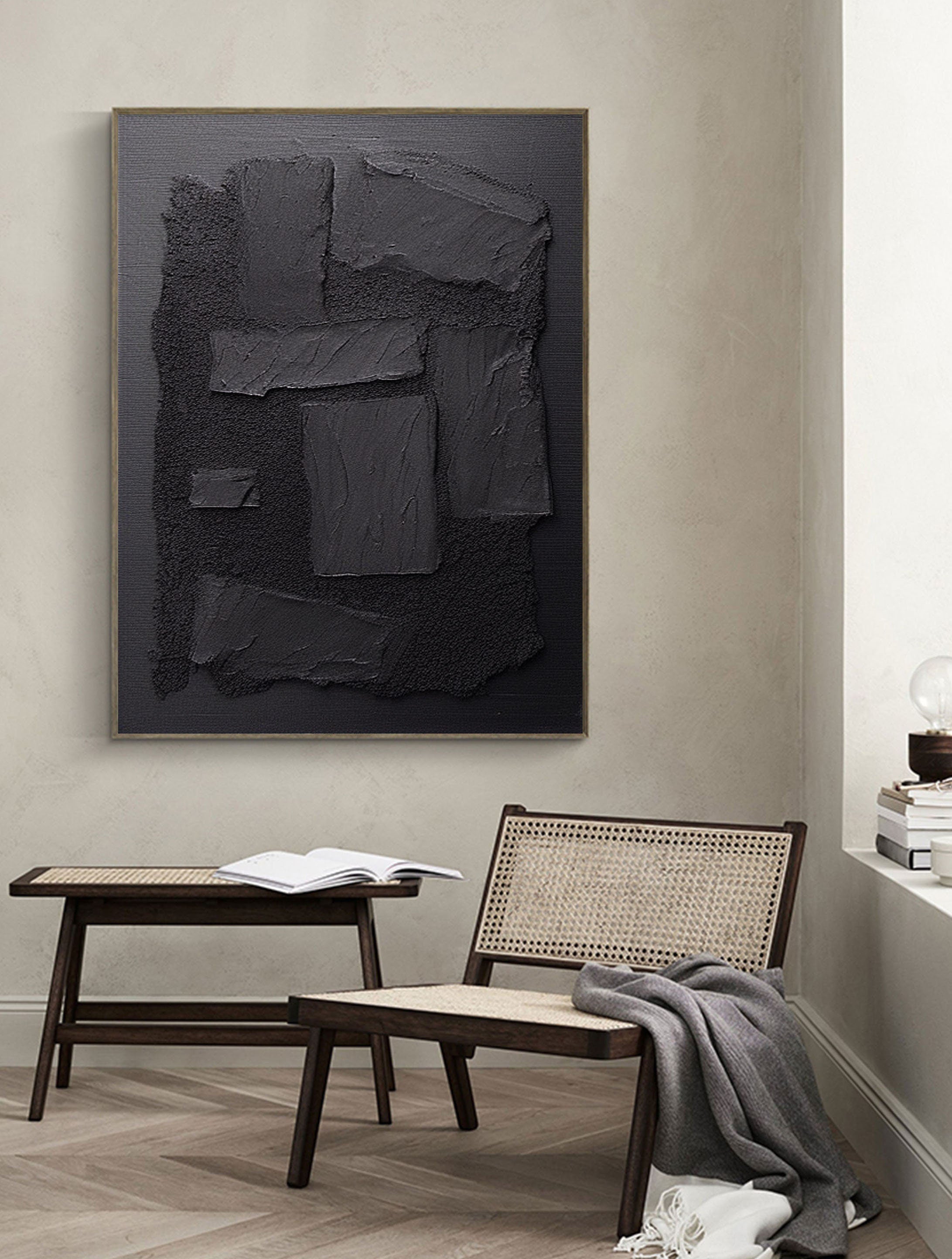 Black Plaster Art Minimalist Textured Painting - Modern Abstract Wall Decor for Living Room, Bedroom & Office | Contemporary Home Decor | #MZ033
