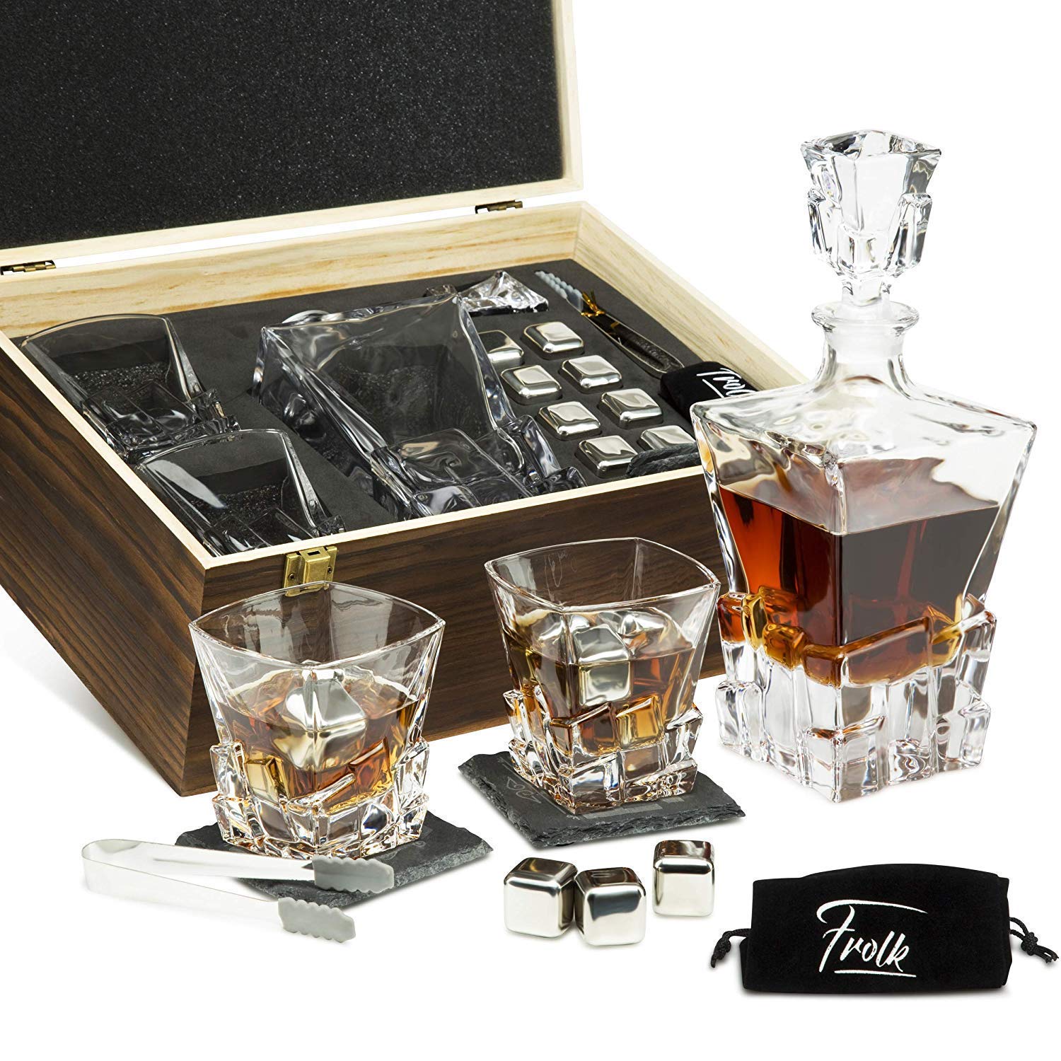 Premium Whiskey Decanter Set with 2 Glasses, 8 Stainless Steel Ice Cubes & Slate Coasters - Luxury Whiskey Gift Set for Men in Elegant Pinewood Box - Perfect for Home Bars, Gifts & Bourbon Tasting Parties