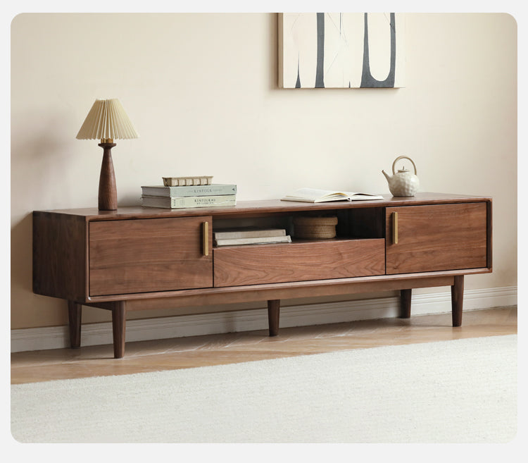Premium Black Walnut Solid Wood TV Stand Cabinet with Storage - Modern Entertainment Center for Living Room, Home Theater & Media Organization