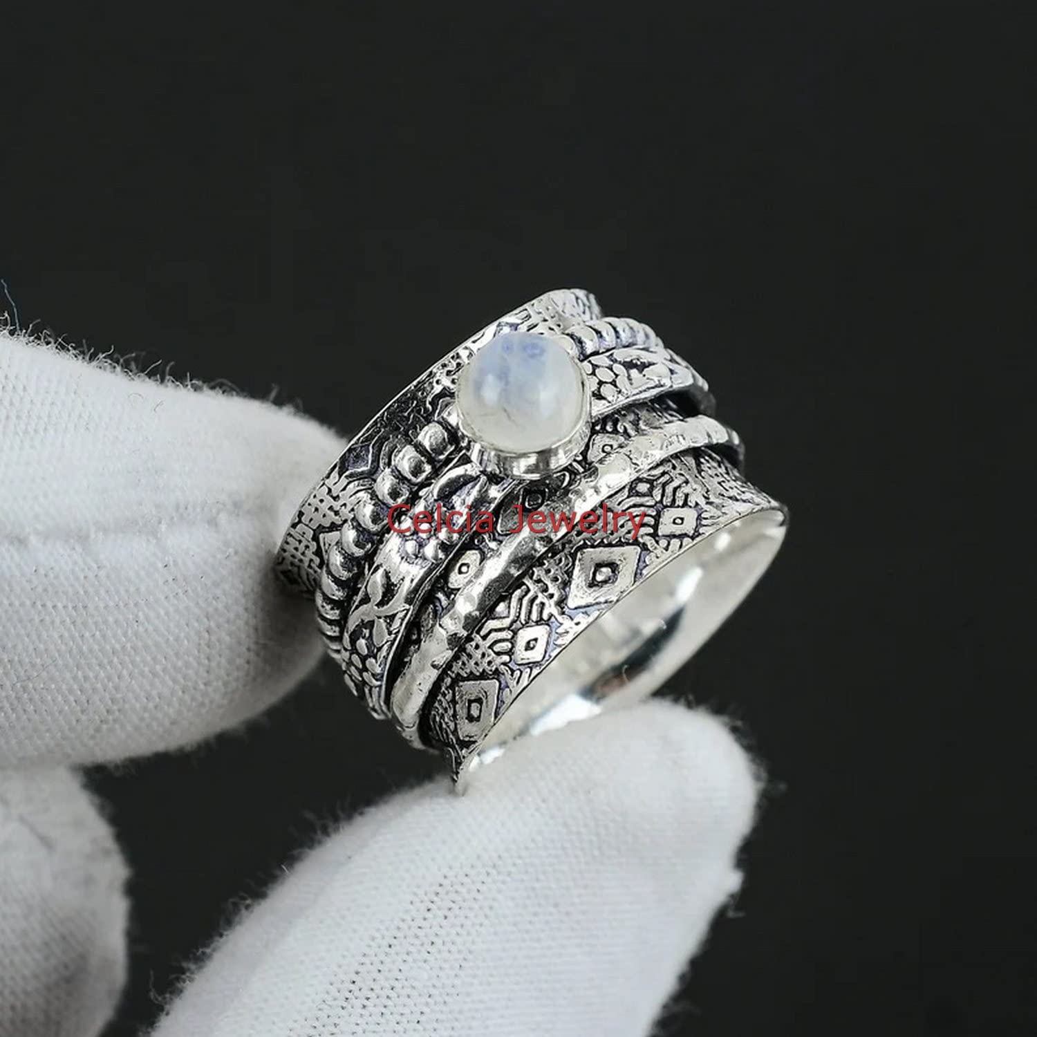 Natural Rainbow Moonstone Spinner Ring for Women & Men - June Birthstone Jewelry, Meditation & Anxiety Relief Fidget Ring, US Size 7 - Perfect for Stress Relief, Focus & Spiritual Healing