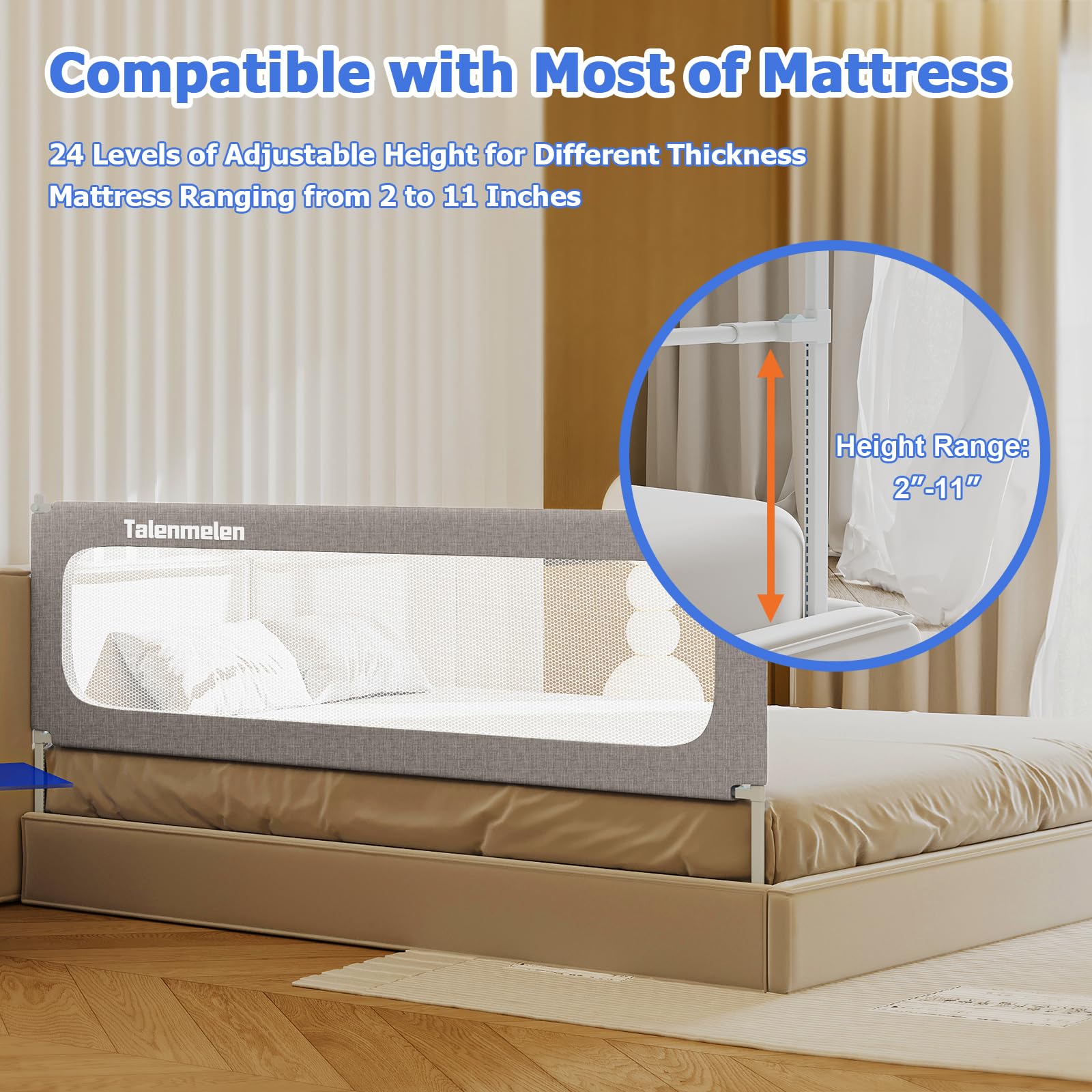 3-Pack U-Shaped Toddler Bed Rails with Child Lock - Adjustable Height Safety Bed Guard for King Size Beds (78.7×78.7x74.8