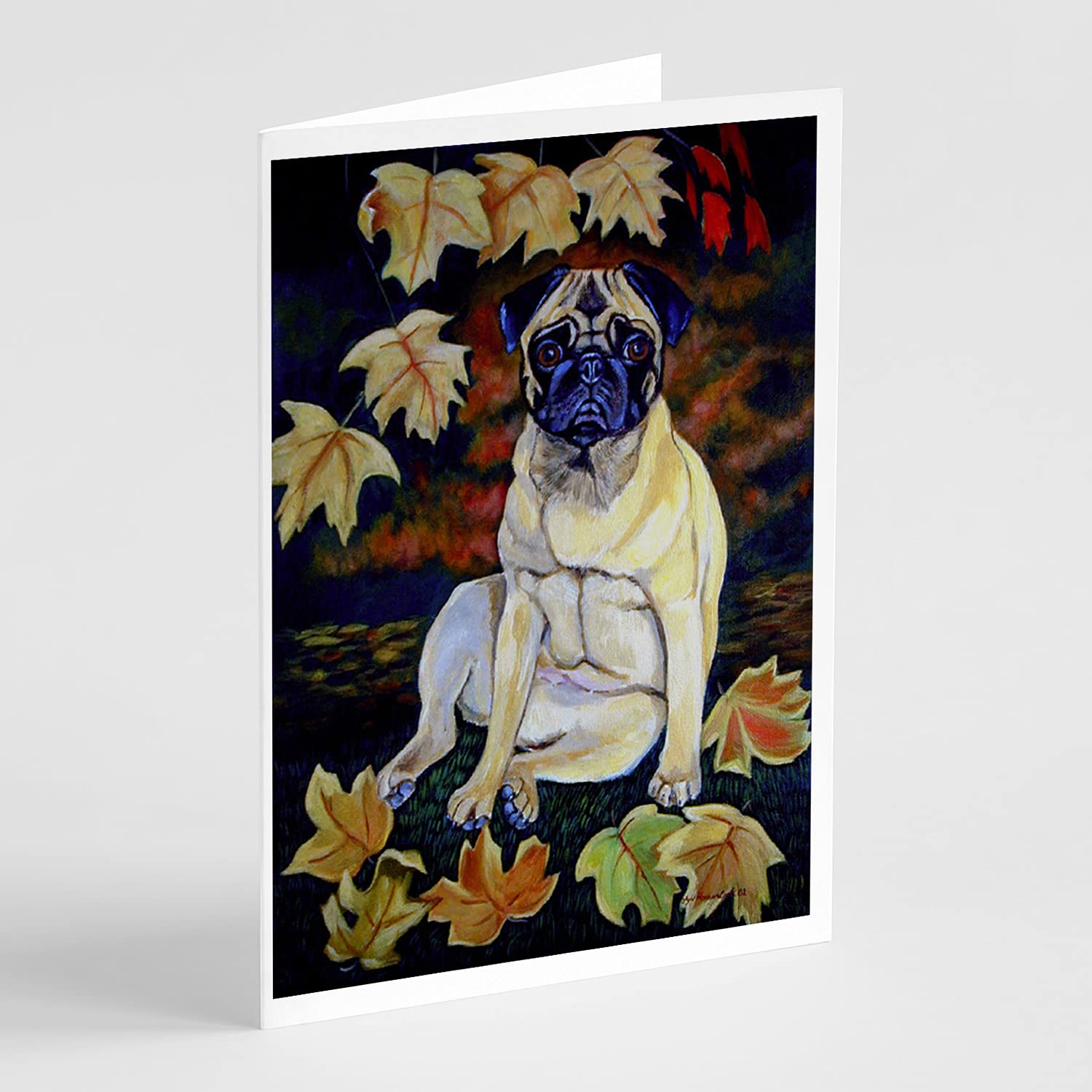 Fawn Pug in Fall Leaves Blank Greeting Cards - Pack of 8 A7 Size (5x7) Note Cards with Envelopes | Whimsical Dog-Themed Stationery for Autumn, Thanksgiving, Birthday & Holiday Cards