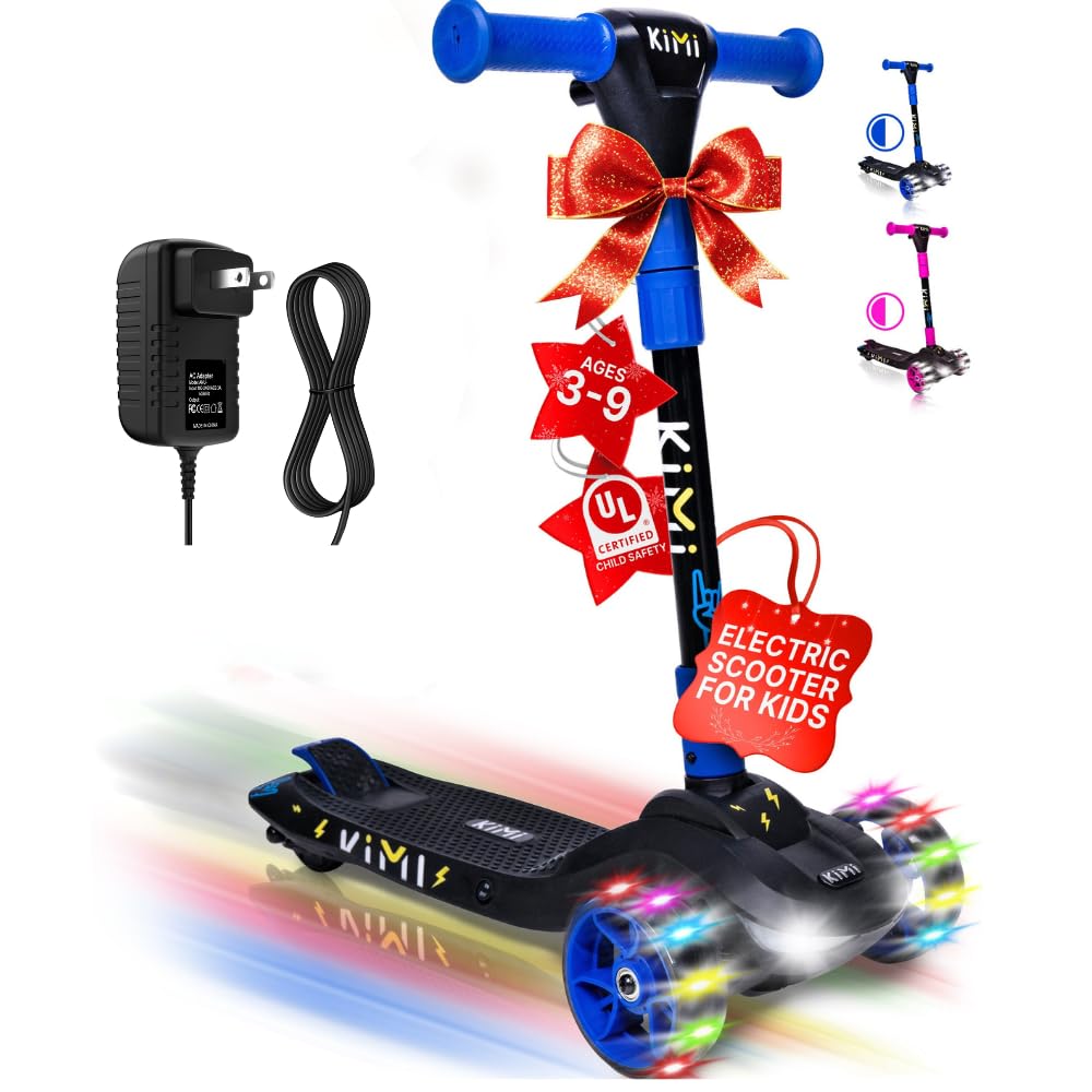 Kimi 3 Wheel Electric Scooter for Kids Ages 2-9 - Safe LED Light Up Wheels & Front Light, Foldable E-Scooter with 10 Mile Range - Perfect for Boys & Girls Outdoor Play, Commuting to School, and Neighborhood Rides