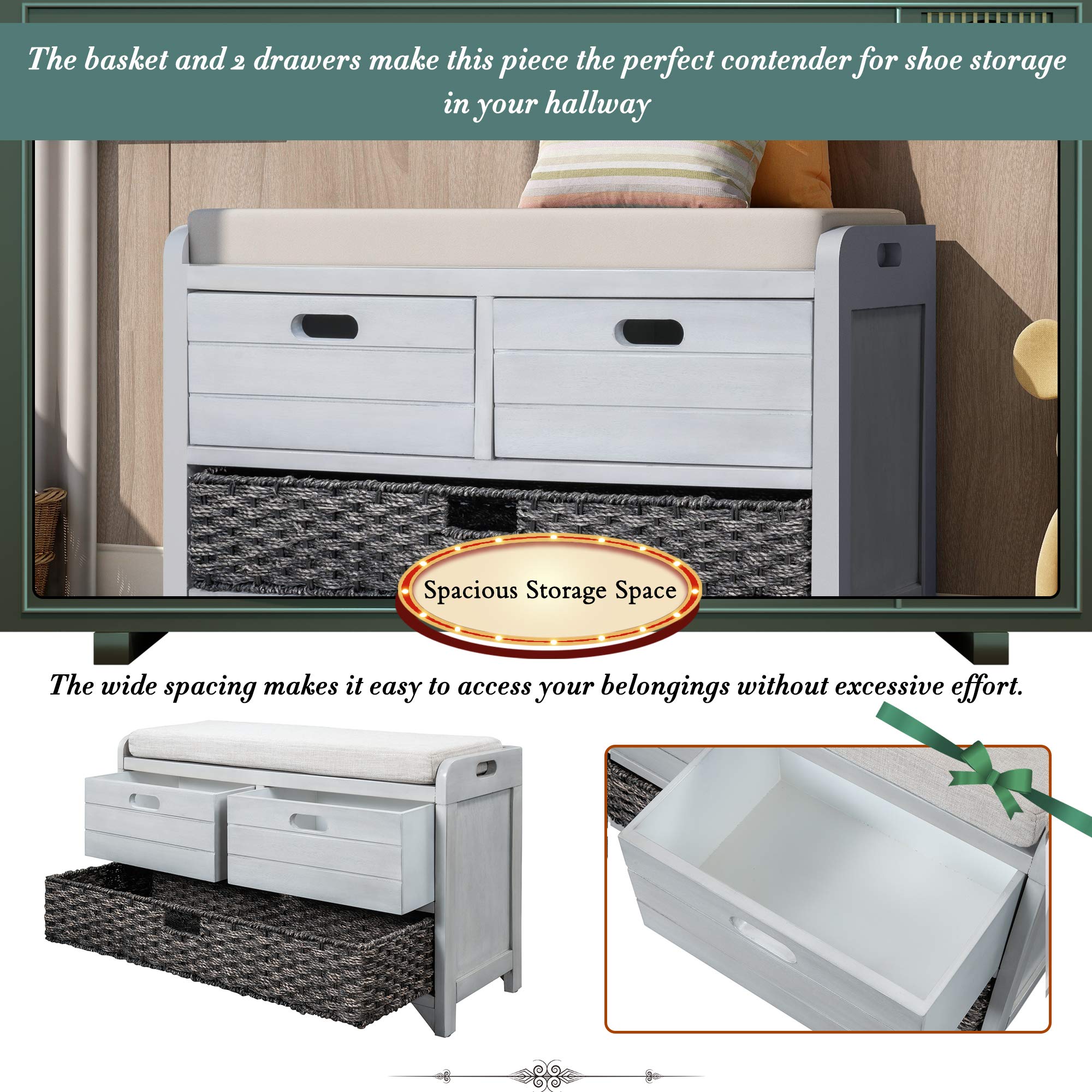 Wooden Storage Bench with 2 Drawers & Wicker Basket - Fully Assembled Entryway Bench with Removable Cushion - Hallway Shoe Bench for Living Room, Bedroom & Entryway Organization (Light Grey)