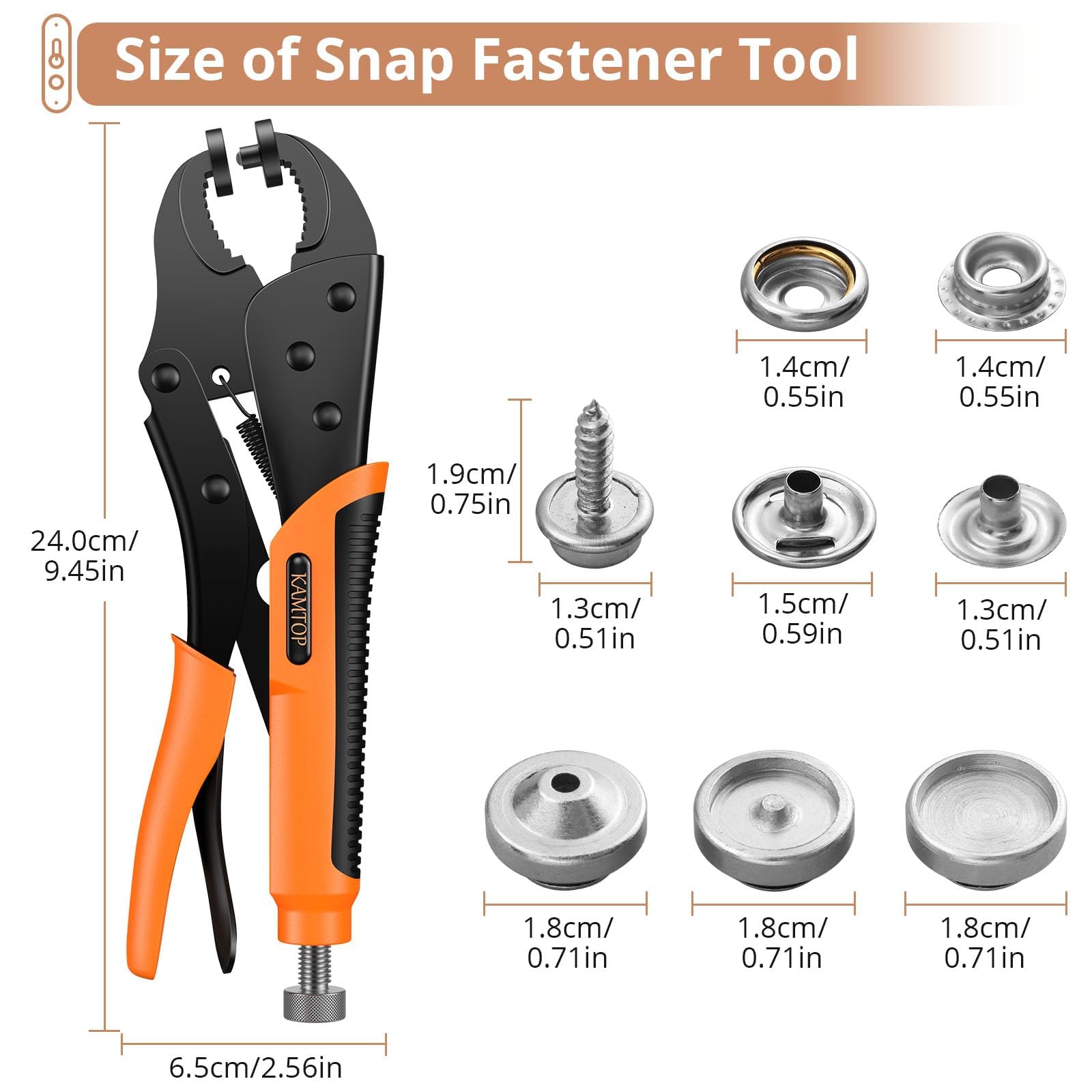 Kamtop Snap Fastener Tool Kit - Adjustable Snap Button Pliers with 30 Sets Metal Snaps, Canvas Snap Installer for Fabric, Leather, Boat Covers & Tarps - Perfect for DIY Sewing, Upholstery Repair and Outdoor Gear Maintenance