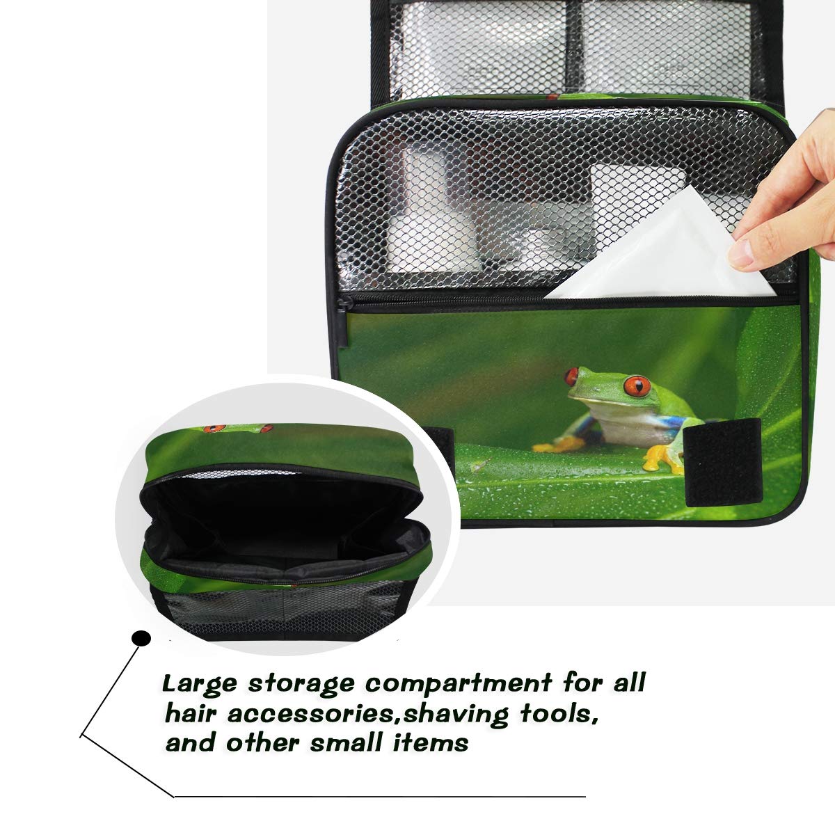QMXO Hanging Travel Toiletry Bag - Foldable Waterproof Cosmetic Organizer for Women & Girls, Perfect for Gym, Bathroom & Vacation (Green Tree Frog Palm Leaf Design)