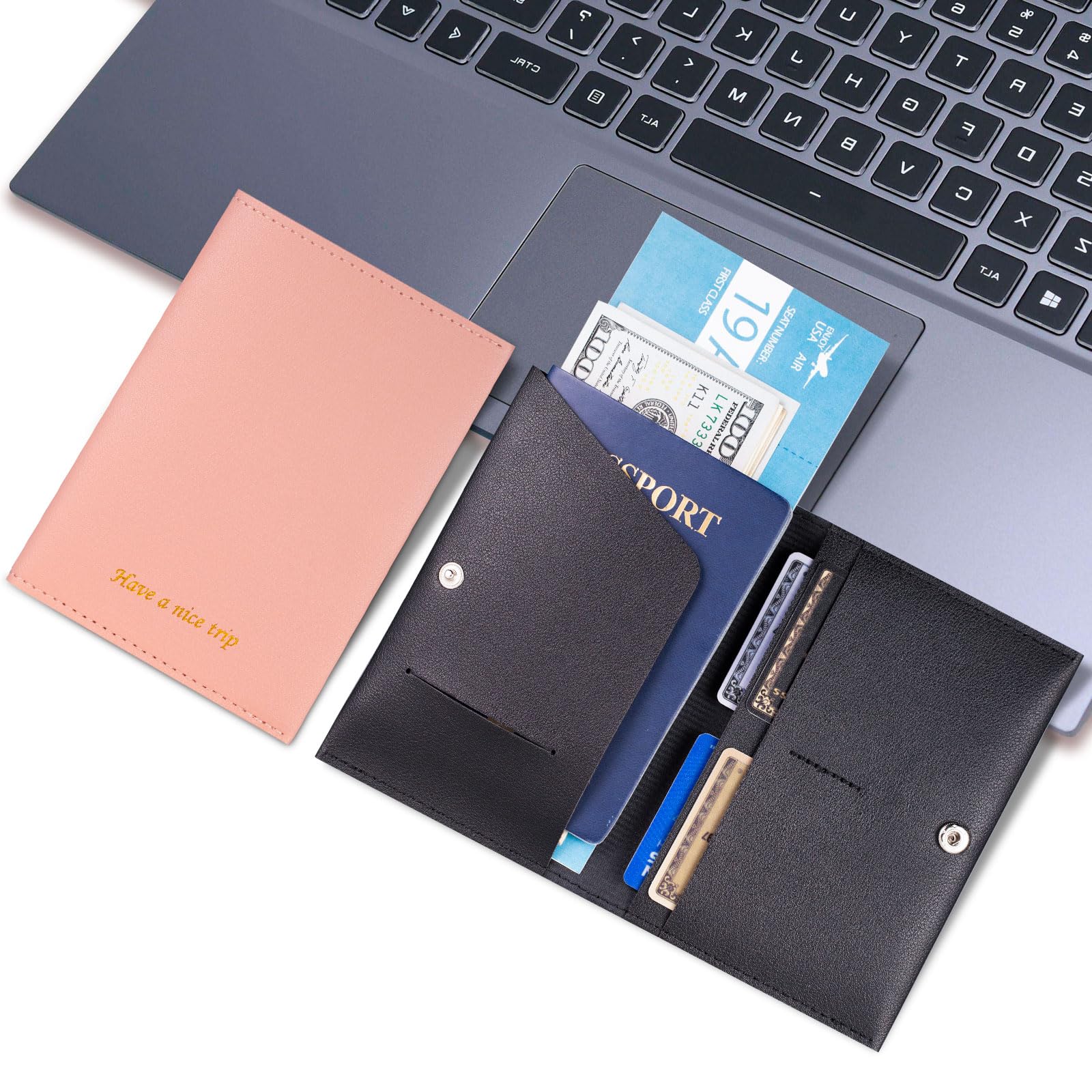Premium RFID Blocking Passport Holder for Women & Men - Leather Travel Passport Wallet Cover with Multiple Card Slots - Ideal for Family Vacations, Business Trips & International Travel (Pink & Black)