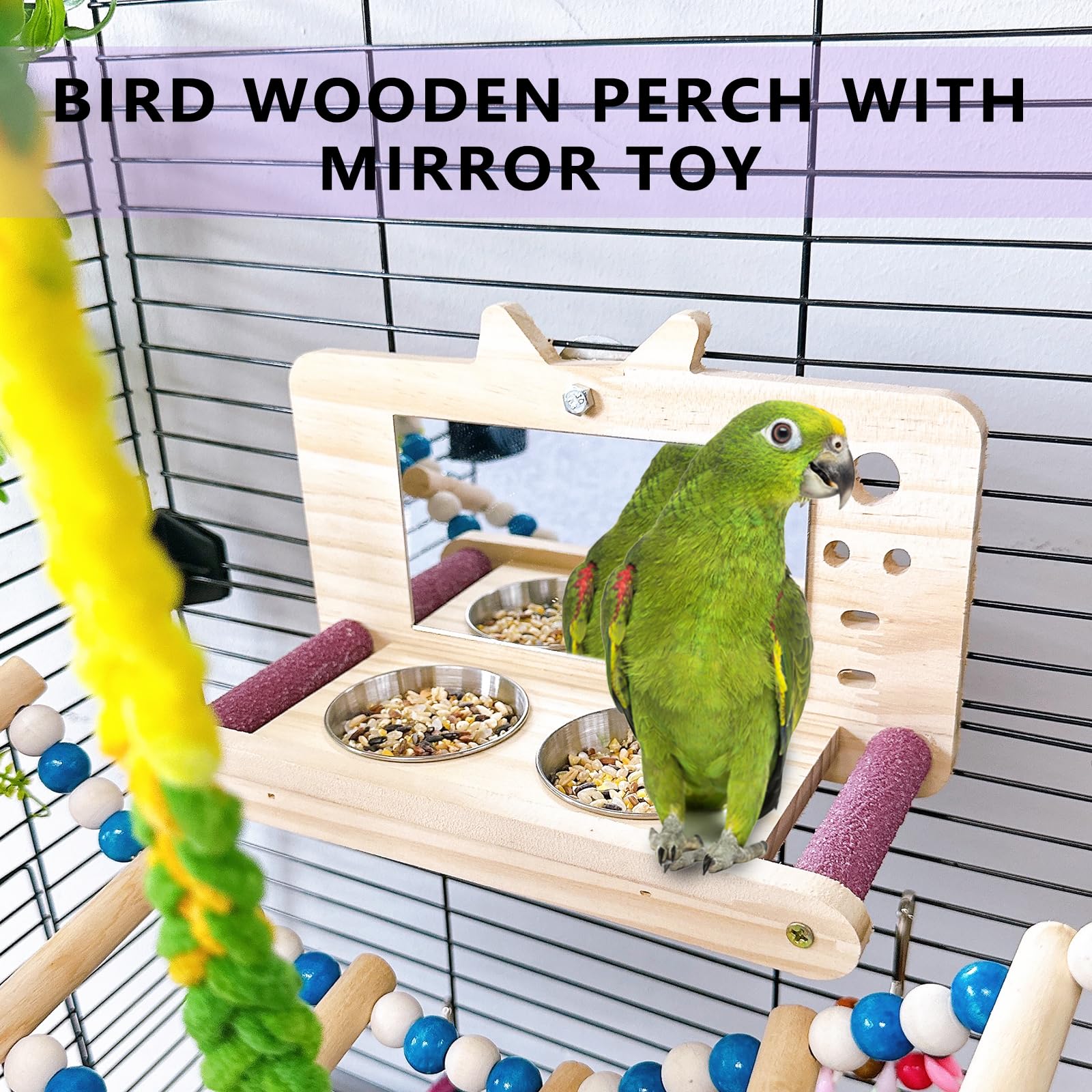 Wooden Parrot Perch with Mirror & Feeding Cups - Bird Cage Swing Toy for Lovebirds, Parakeets, Conures, Cockatiels - Fun Play & Exercise for Pet Birds