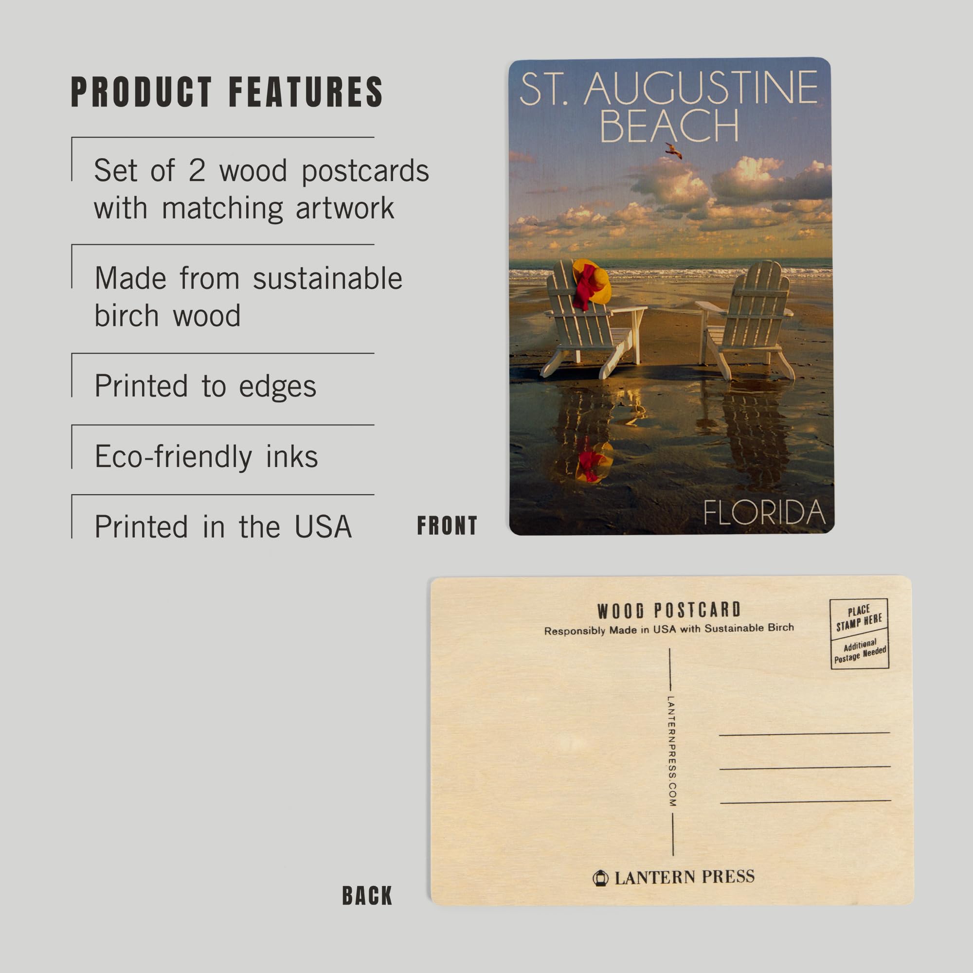 St. Augustine Florida Beach Adirondack Chairs 4x6 Birch Wood Postcards - 2-Pack Rustic Stationery Set for Coastal Home Wall Decor | Perfect for Beach House Decor, Vacation Memories & Gift Giving