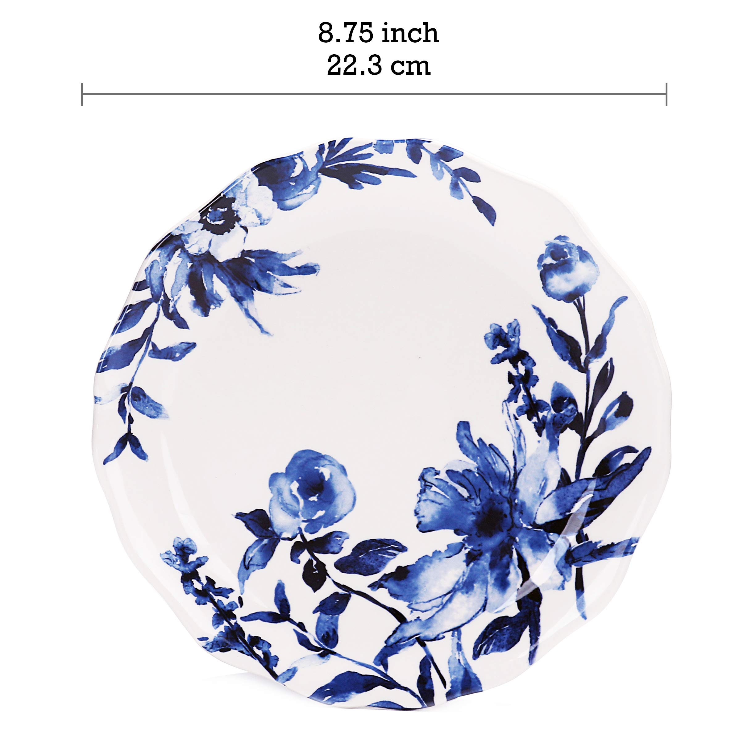 Bico Blue Floral Ceramic Salad Plates Set of 4 - 8.75 Inch Scalloped Edge, Microwave & Dishwasher Safe Dinnerware for Appetizers, Desserts, and Party Serving | Perfect for Home Dining, Wedding Decor, and Holiday Entertaining